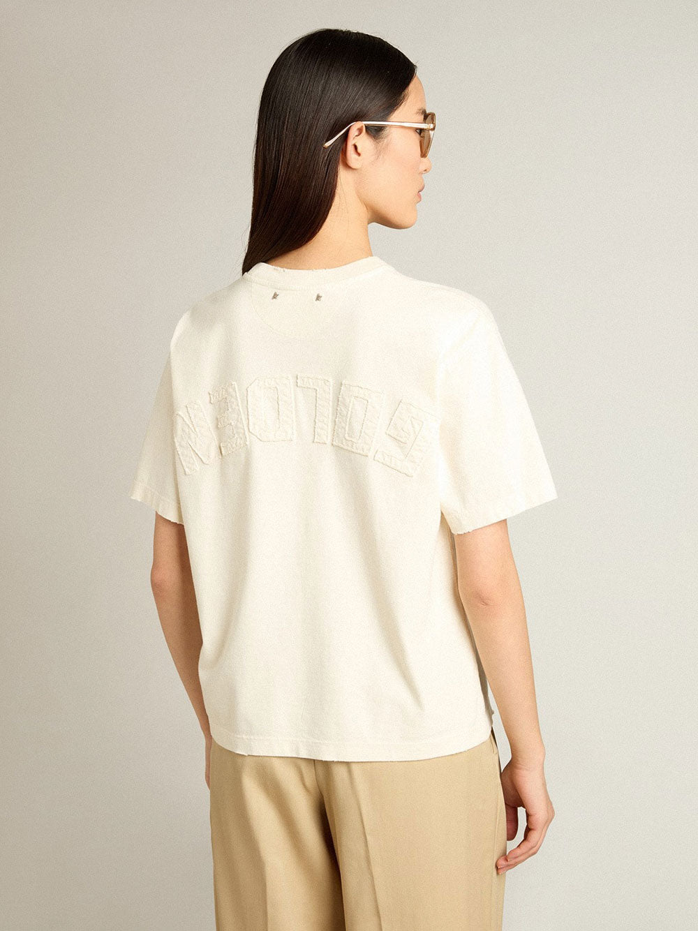 Golden Goose Women Aged-Effect Cotton T-Shirt With Reverse Logo On The Back GOLDEN GOOSE