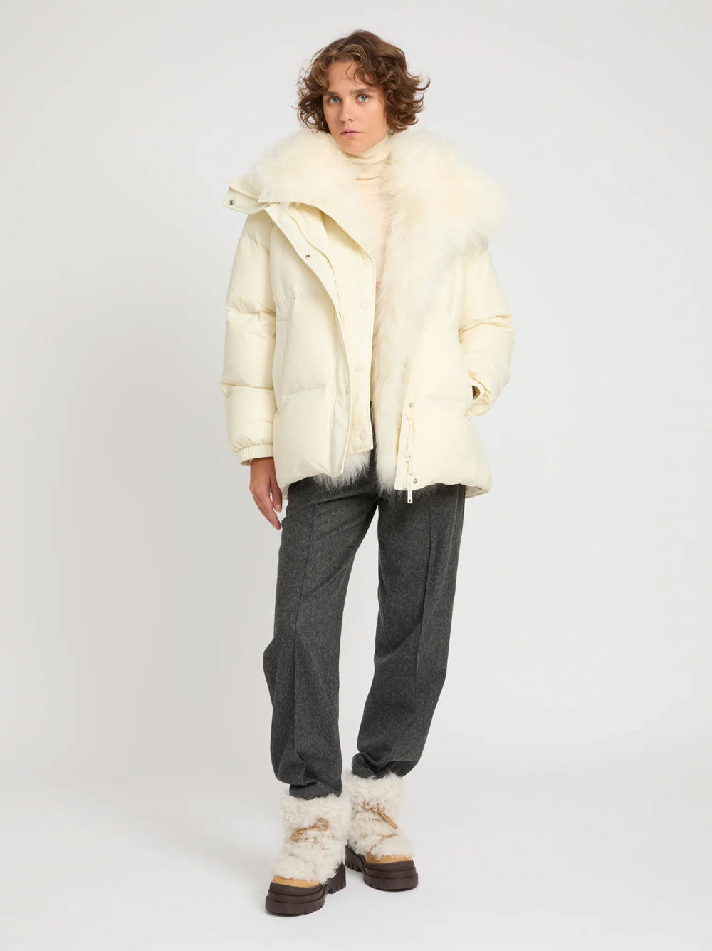 Yves Salomon Women Ys Army Collection: Mid-Length Down Jacket With Removable Bib And Lambswool Trim YVES SALOMON