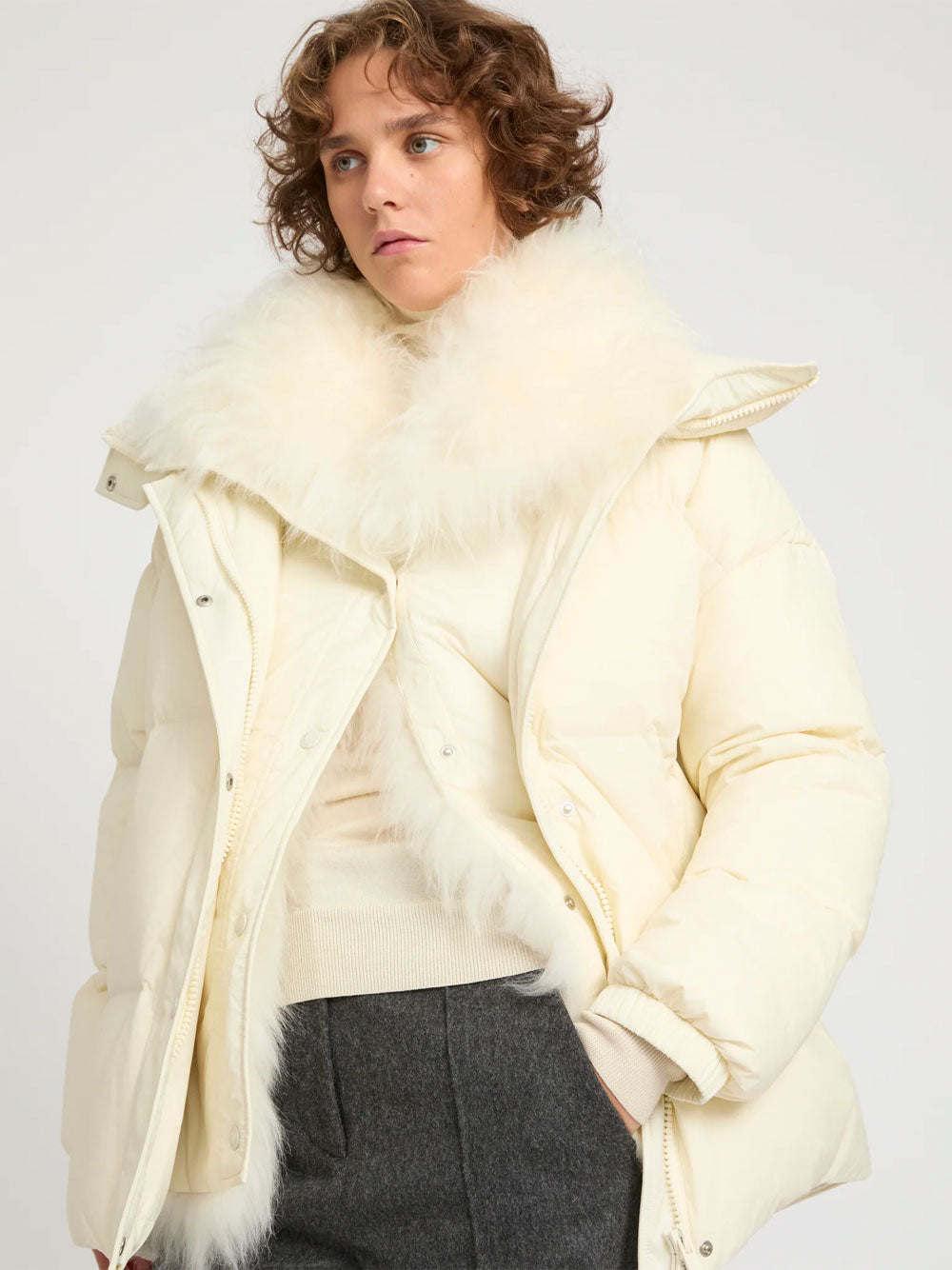Yves Salomon Women Ys Army Collection: Mid-Length Down Jacket With Removable Bib And Lambswool Trim YVES SALOMON
