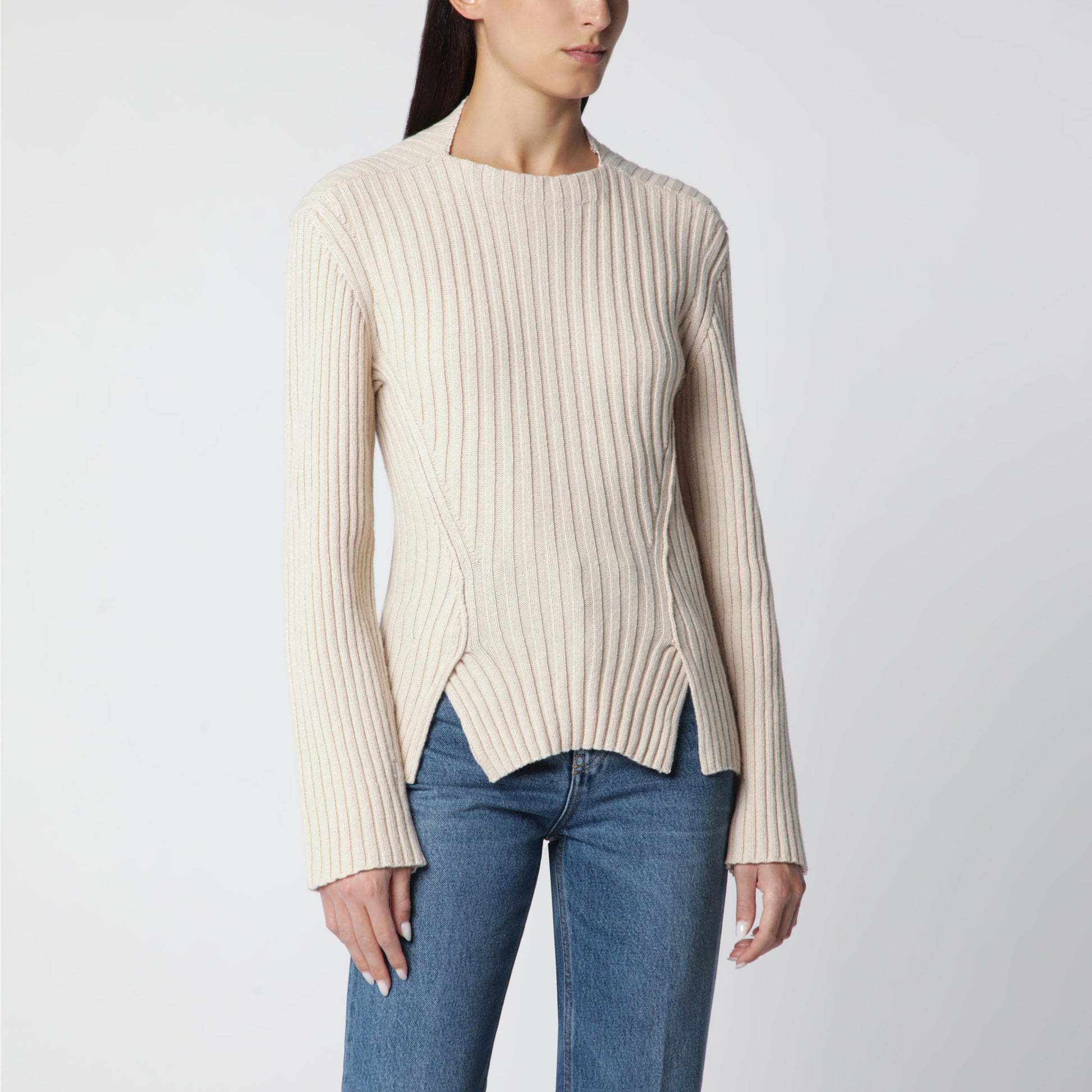 Victoria Beckham Ribbed Sweater In Beige Wool And Cashmere Women VICTORIA BECKHAM