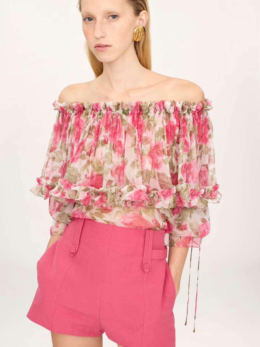 Chloe Women Off-The-Shoulder Puff-Sleeve Top In Silk Mousseline CHLOE