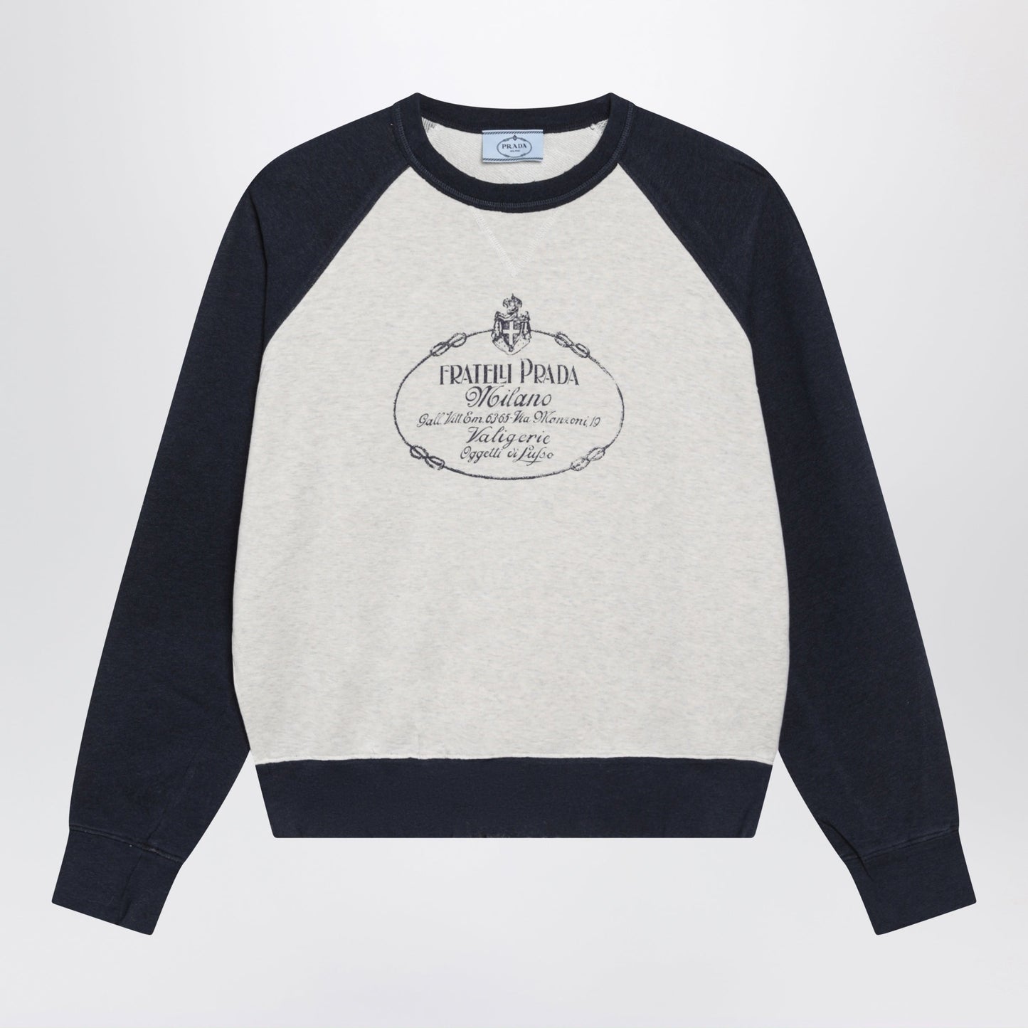 Prada Natural/Navy Blue Cotton Crewneck Sweatshirt Women PRADA