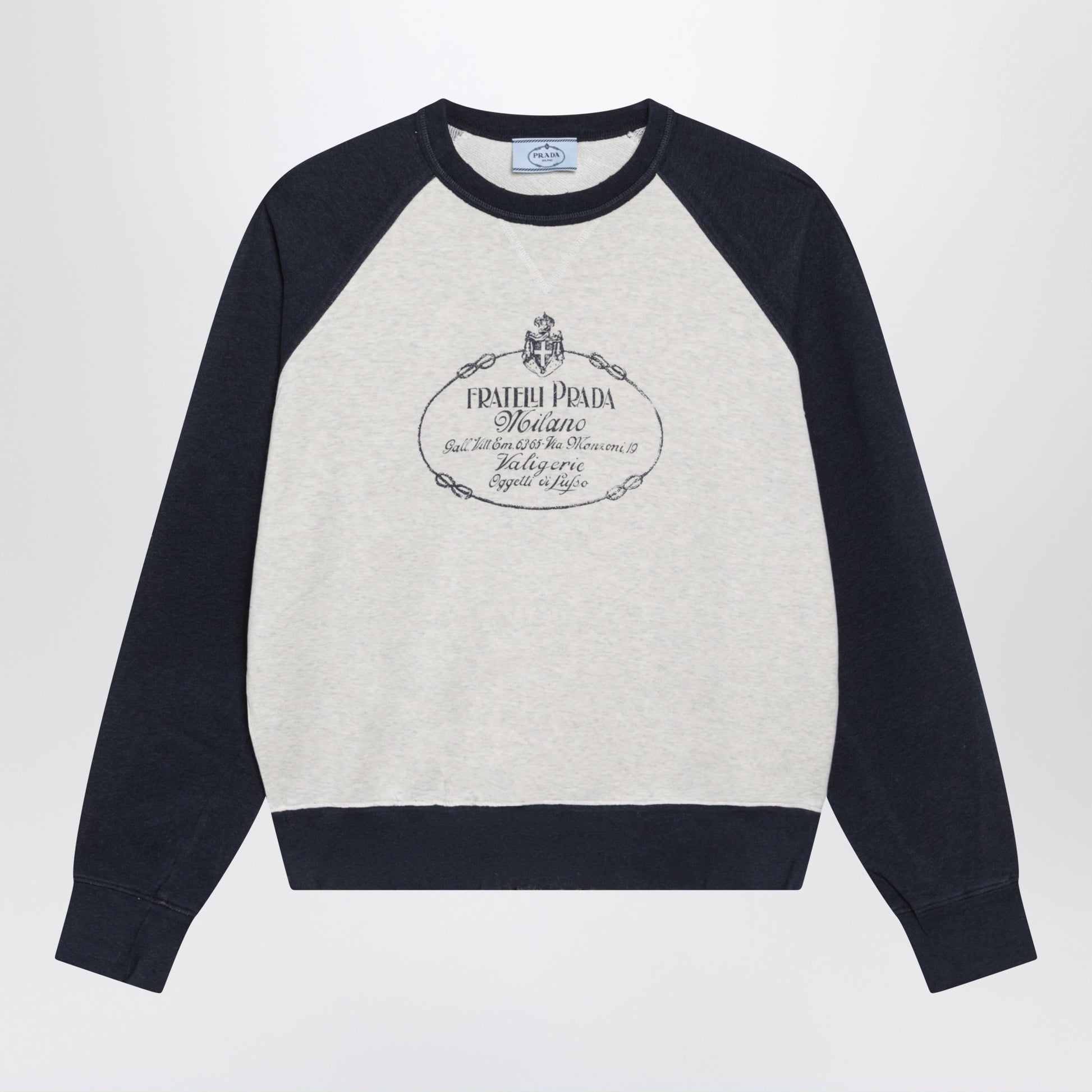 Prada Natural/Navy Blue Cotton Crewneck Sweatshirt Women PRADA