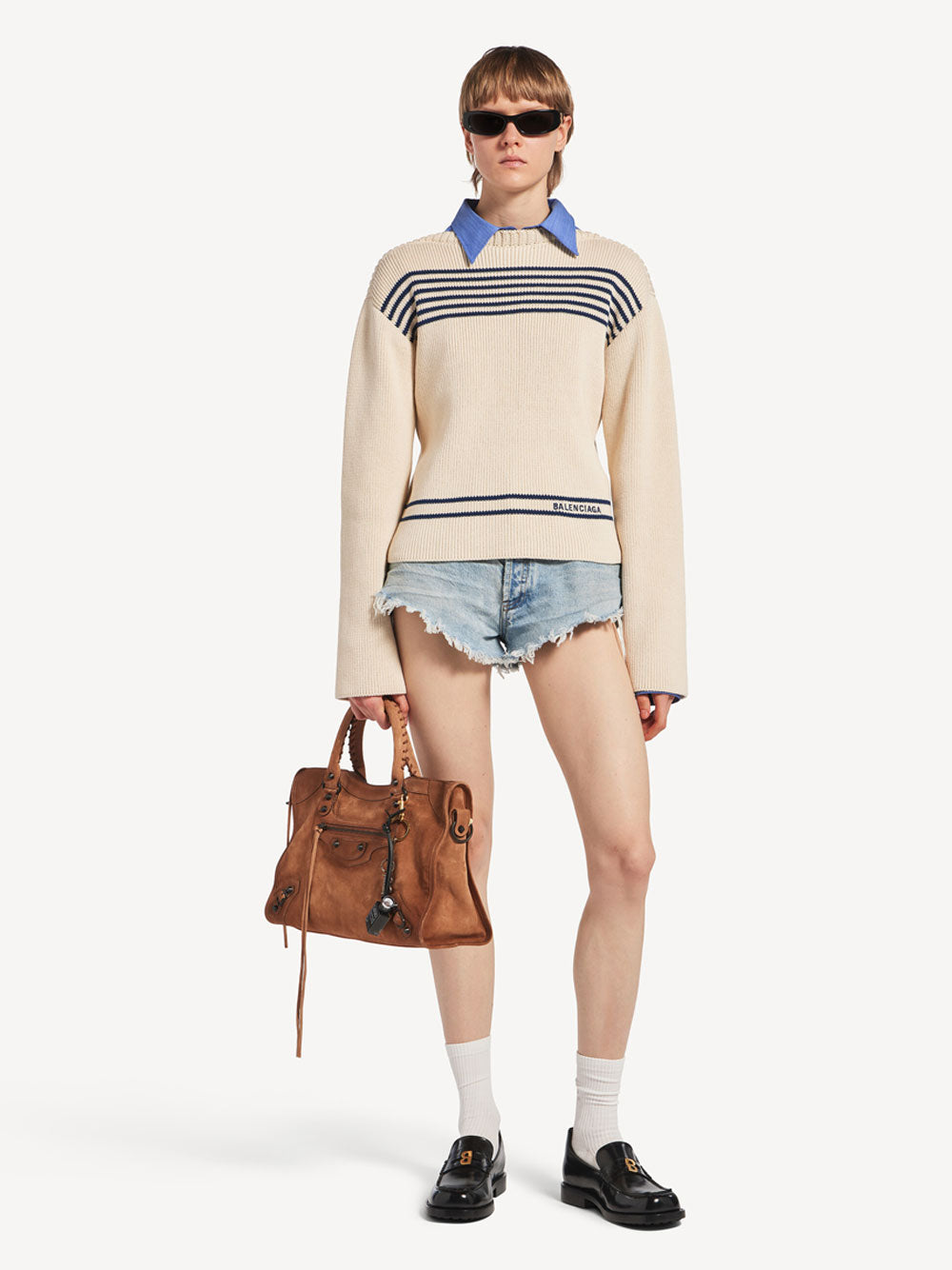 Balenciaga Women Boatneck Sweater In Cotton Ribbed Knit BALENCIAGA