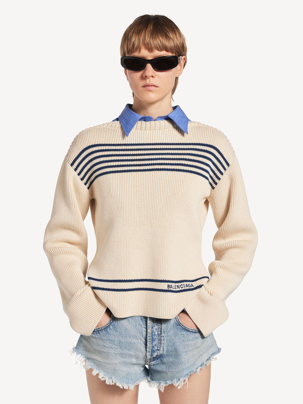Balenciaga Women Boatneck Sweater In Cotton Ribbed Knit BALENCIAGA