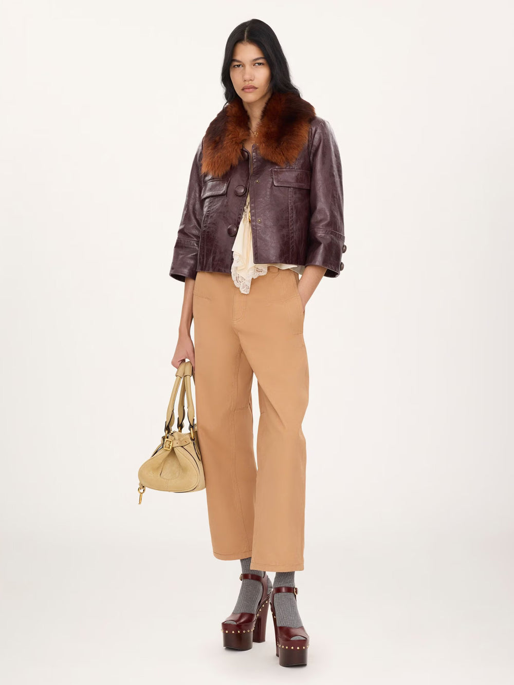 Chloe Women Giacca Corta In Pelle Con Colletto In Shearling Rimovibile CHLOE