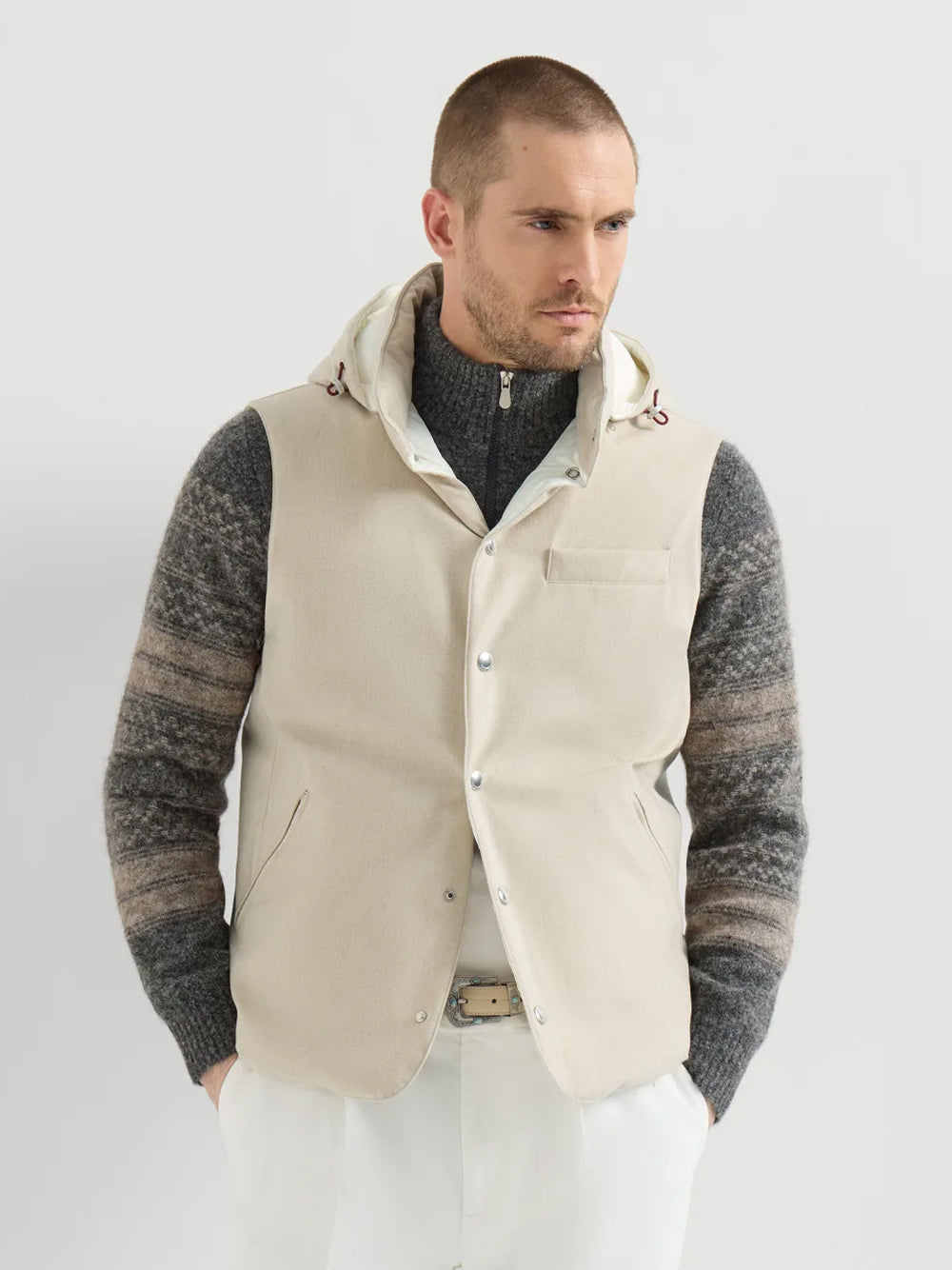 Brunello Cucinelli Men Bonded Wool Flannel Down Vest With Detachable Hood BRUNELLO CUCINELLI