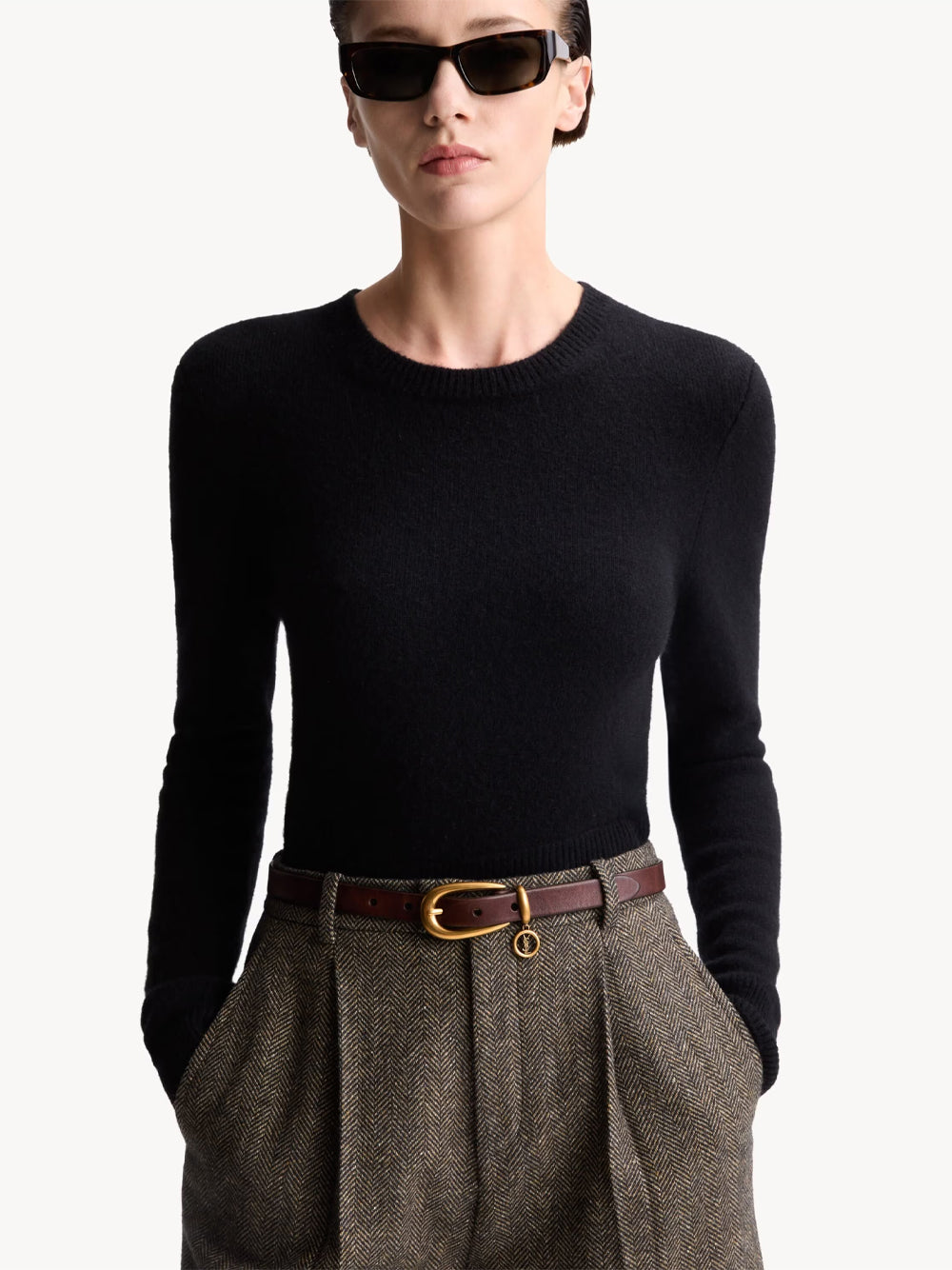 Saint Laurent Women Cassandre Charm Elongated Buckle Thin Belt In Leather SAINT LAURENT