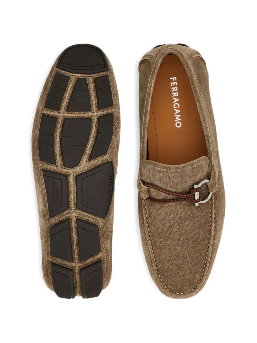 Ferragamo Men Suede Driver Loafers With Braided Leather Lace FERRAGAMO
