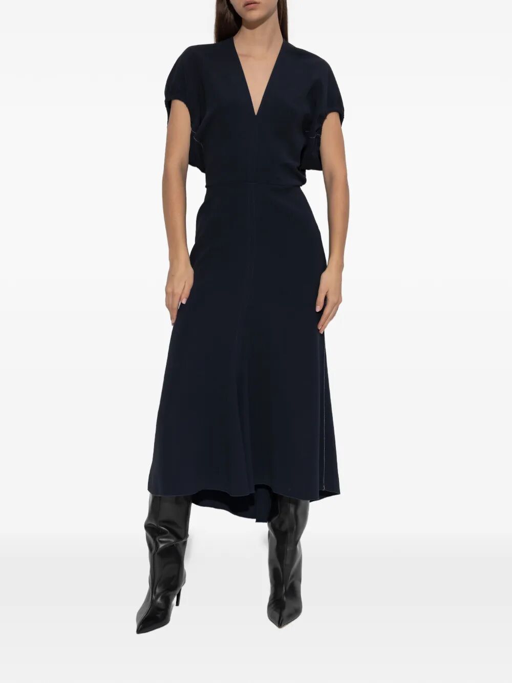 Victoria Beckham Women Blouson Detail V-Neck Midi Dress VICTORIA BECKHAM