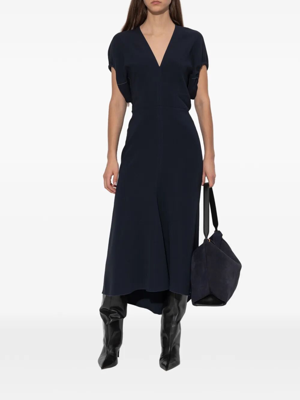Victoria Beckham Women Blouson Detail V-Neck Midi Dress VICTORIA BECKHAM