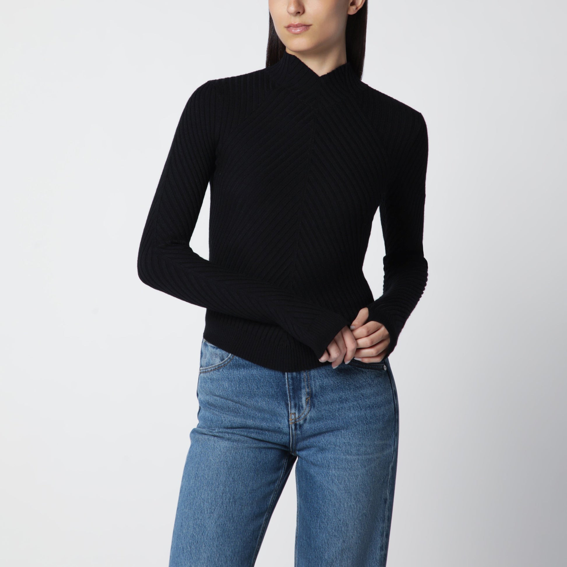 Victoria Beckham Georgia Ribbed Sweater In Black Merino Wool Women VICTORIA BECKHAM