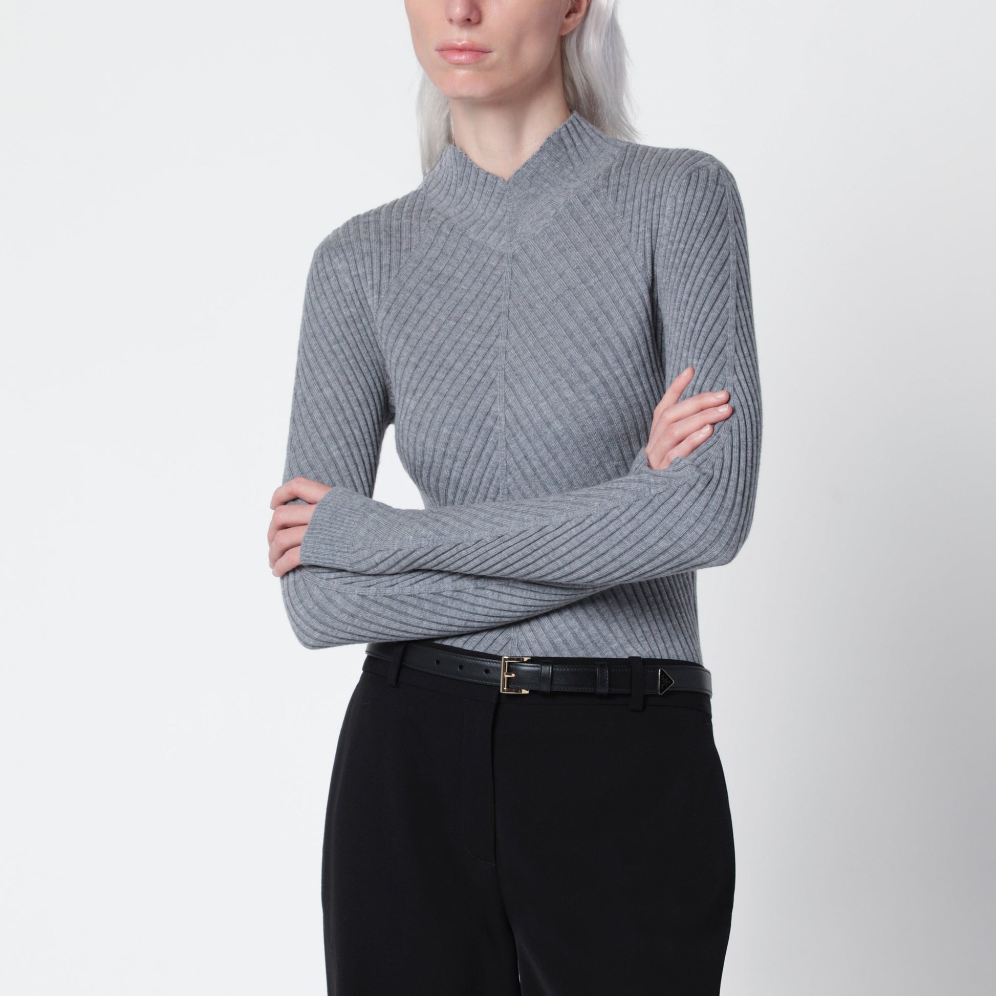 Victoria Beckham Georgia Grey Marl Ribbed Merino Wool Sweater Women VICTORIA BECKHAM
