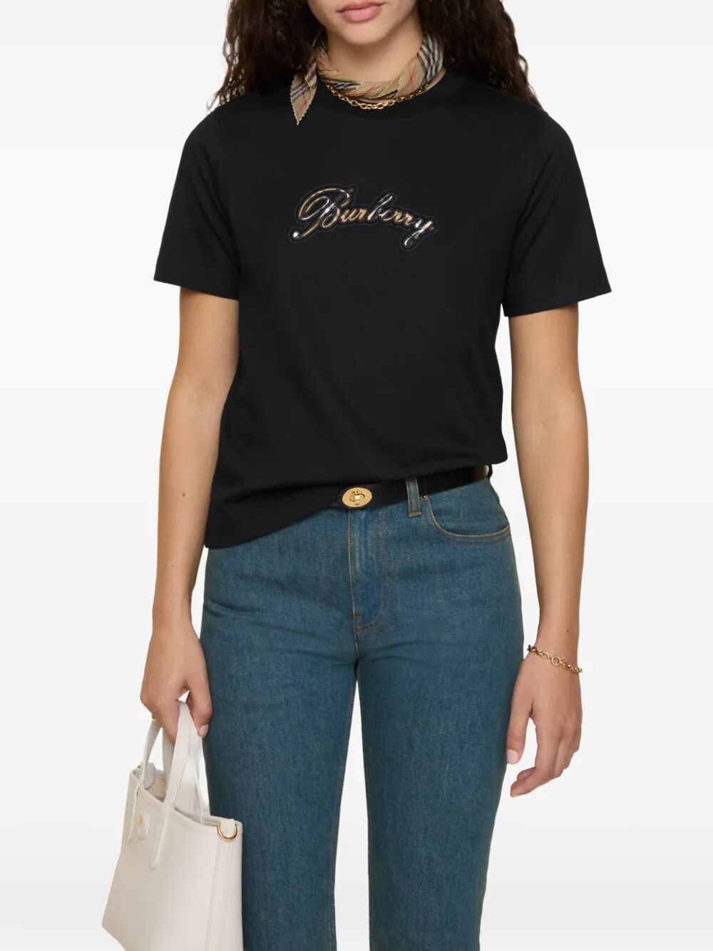 Burberry Women Check Cursive Logo Cotton T-Shirt BURBERRY