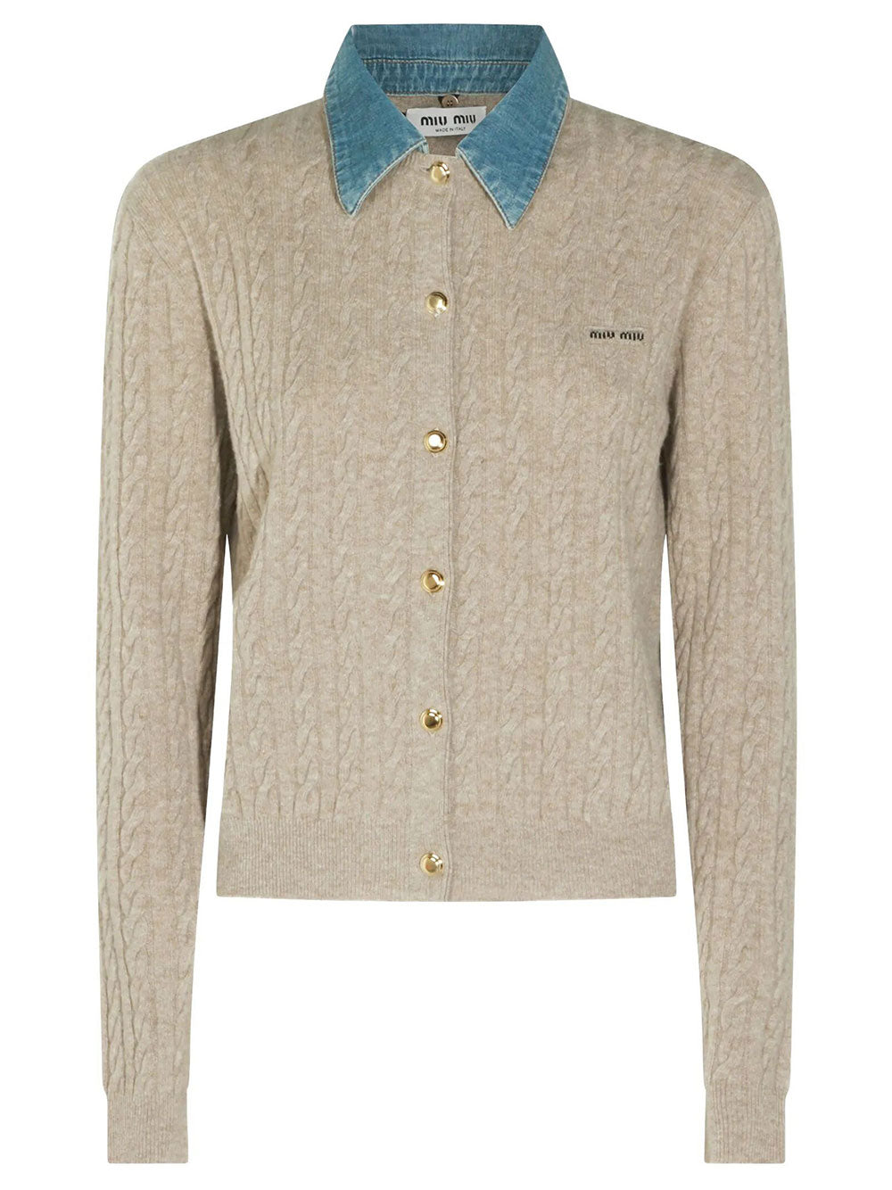 Miu Miu Women Denim-Collar Cable-Knit Cashmere Cardigan MIU MIU