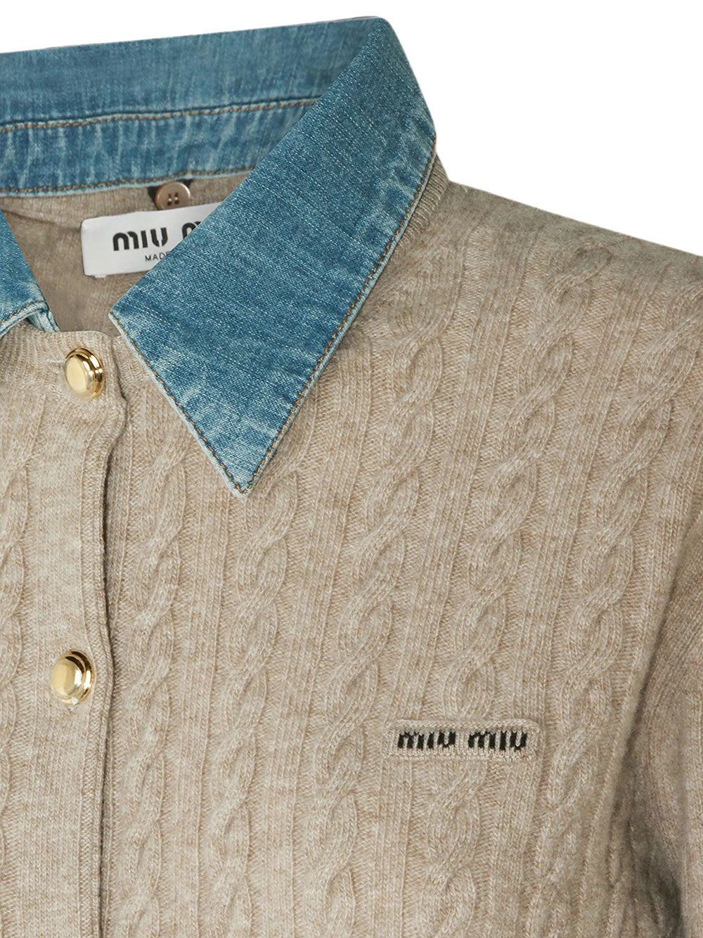 Miu Miu Women Denim-Collar Cable-Knit Cashmere Cardigan MIU MIU