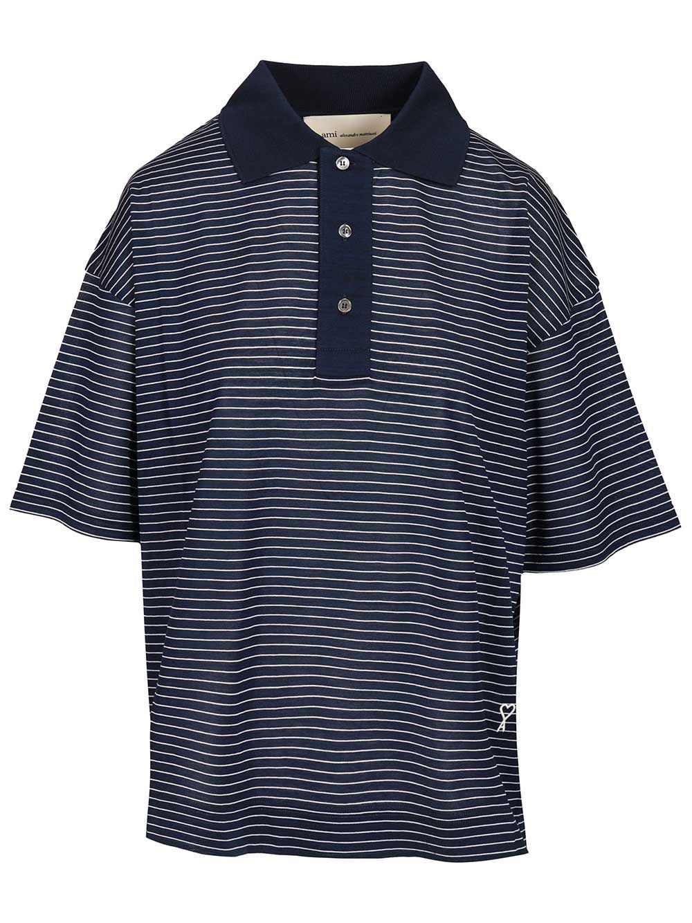 Ami Women Striped Boxy Fit Polo With Ami De Coeur Patch AMI PARIS
