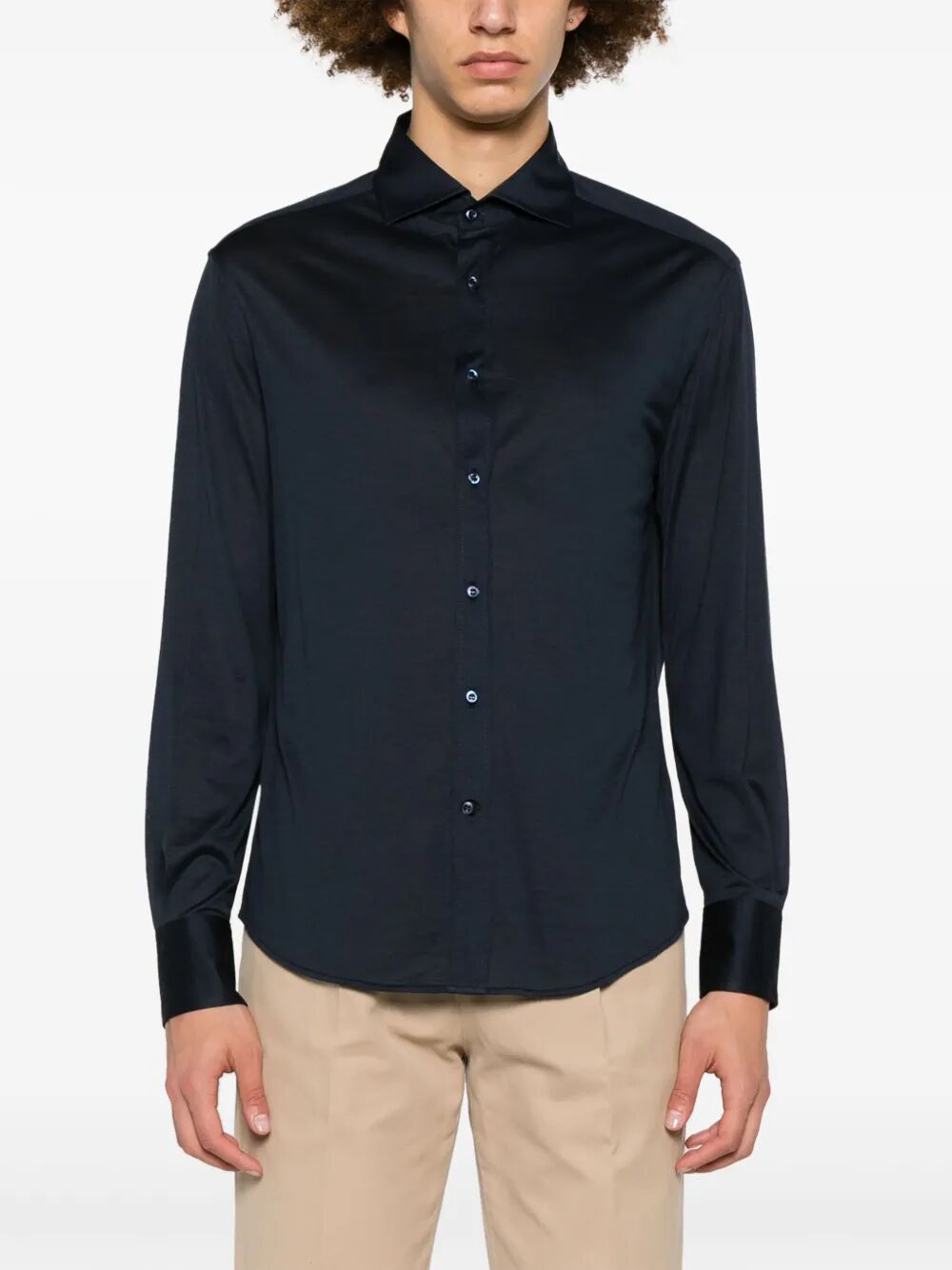 Brunello Cucinelli Men Silk And Cotton Jersey Shirt With Spread Collar BRUNELLO CUCINELLI