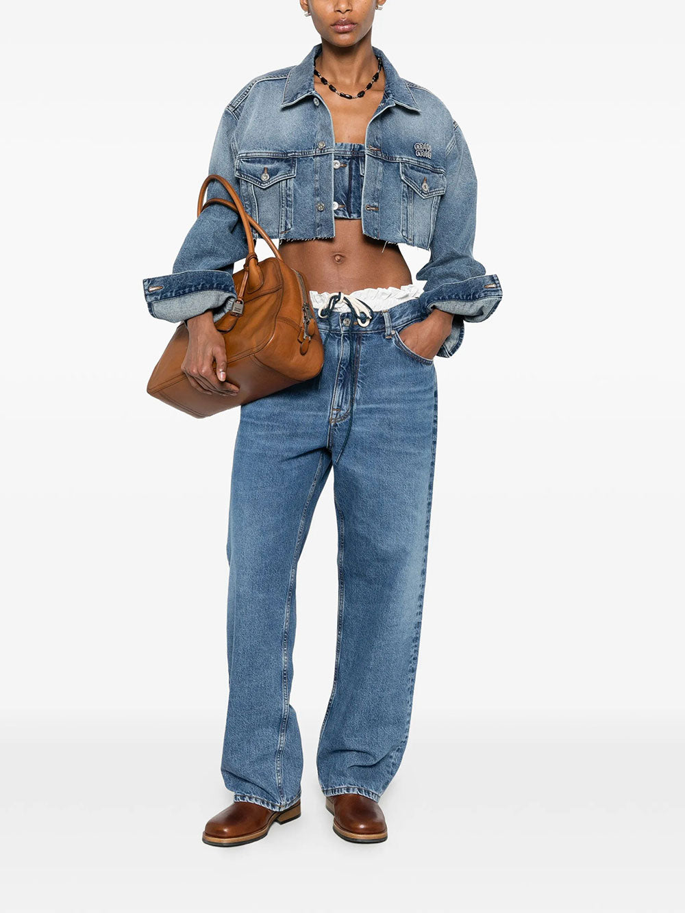 Miu Miu Women Cropped Washed Denim Jacket MIU MIU