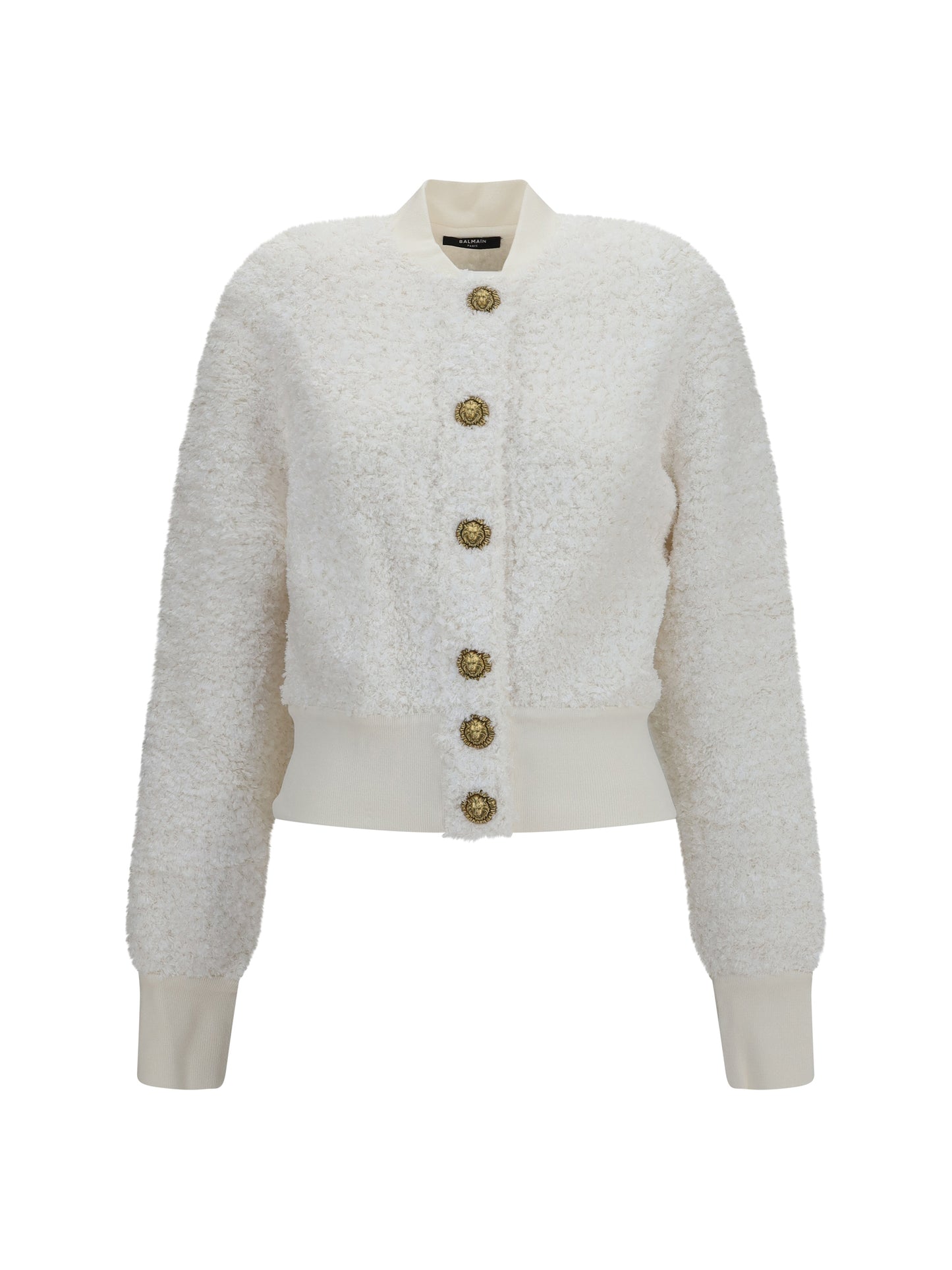 Balmain Women Tweed Bomber Jacket With Lion-Head Buttons