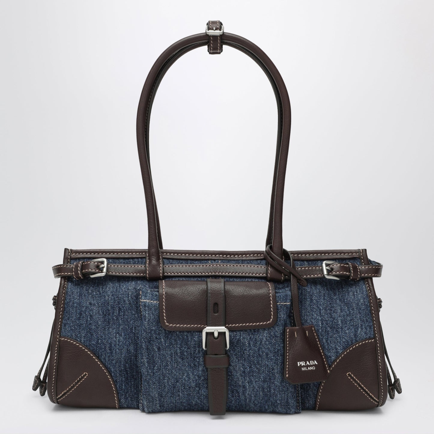 Prada Bonnie Medium Handbag In Blue Denim And Leather Women PRADA