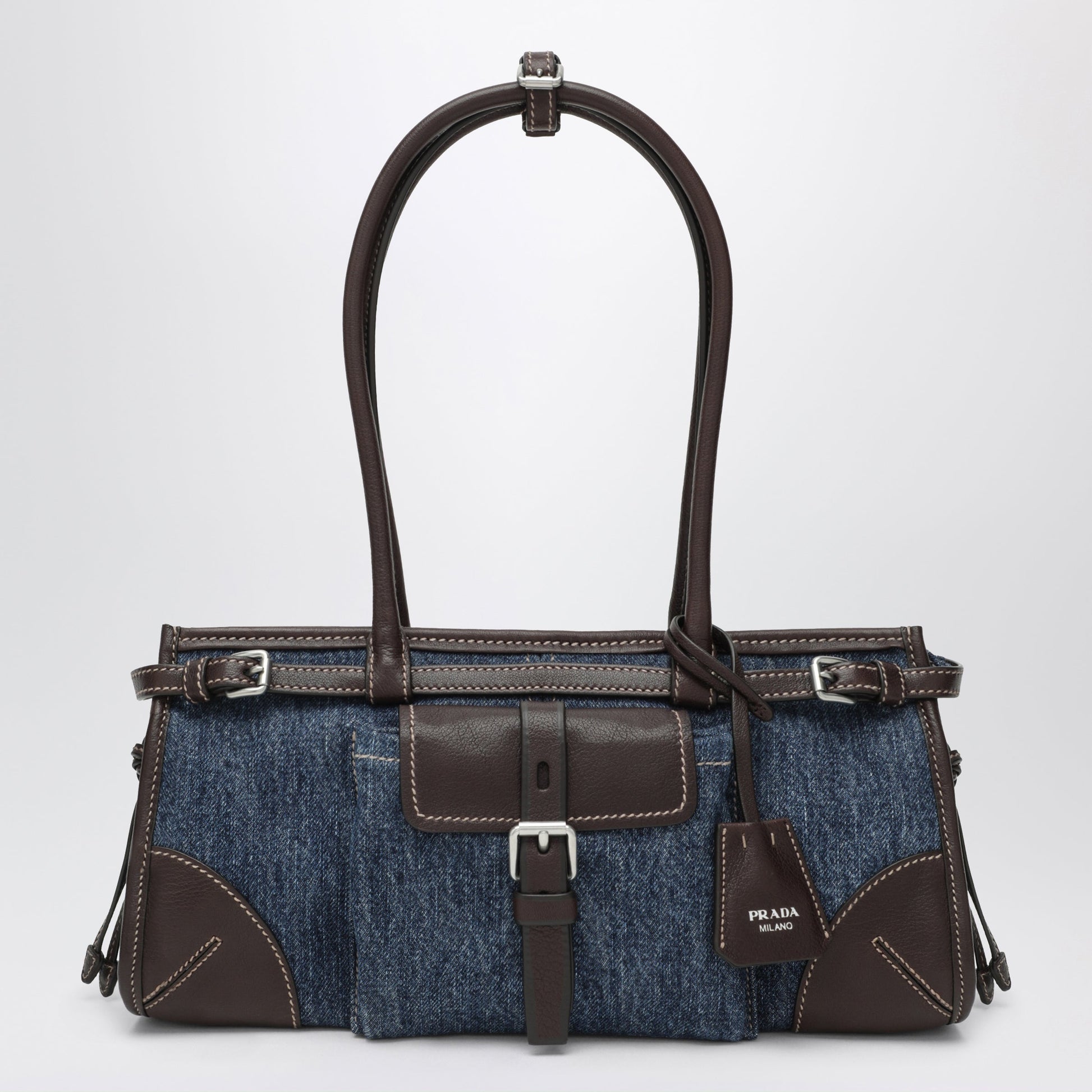 Prada Bonnie Medium Handbag In Blue Denim And Leather Women PRADA