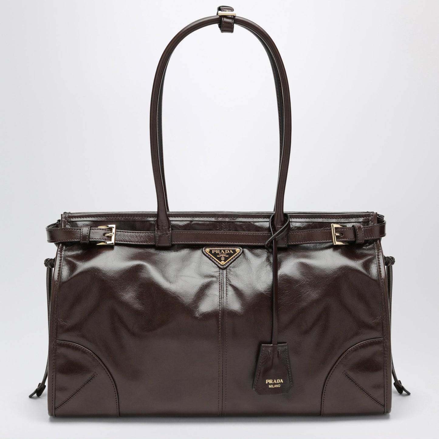 Prada Bonnie Large Leather Handbag In Dark Brown Women PRADA