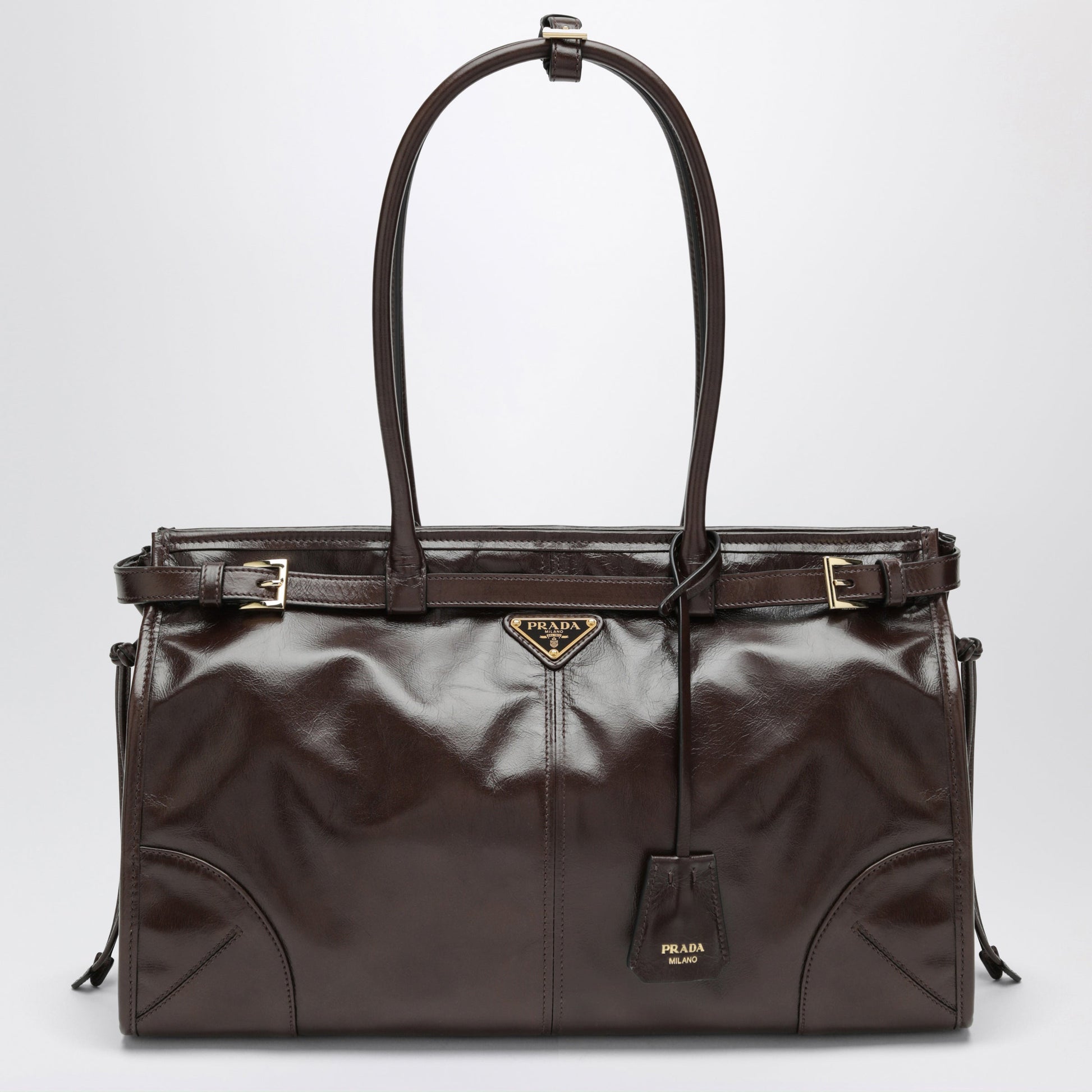 Prada Bonnie Large Leather Handbag In Dark Brown Women PRADA