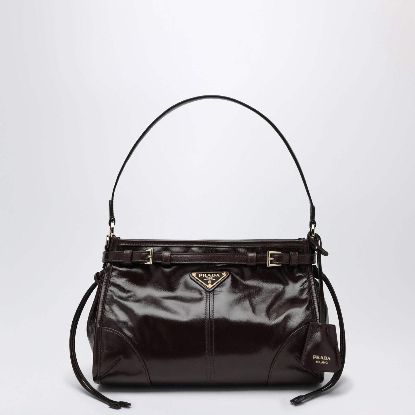 Prada Bonnie Small Hobo Handbag In Calf Leather, Dark Brown Women PRADA