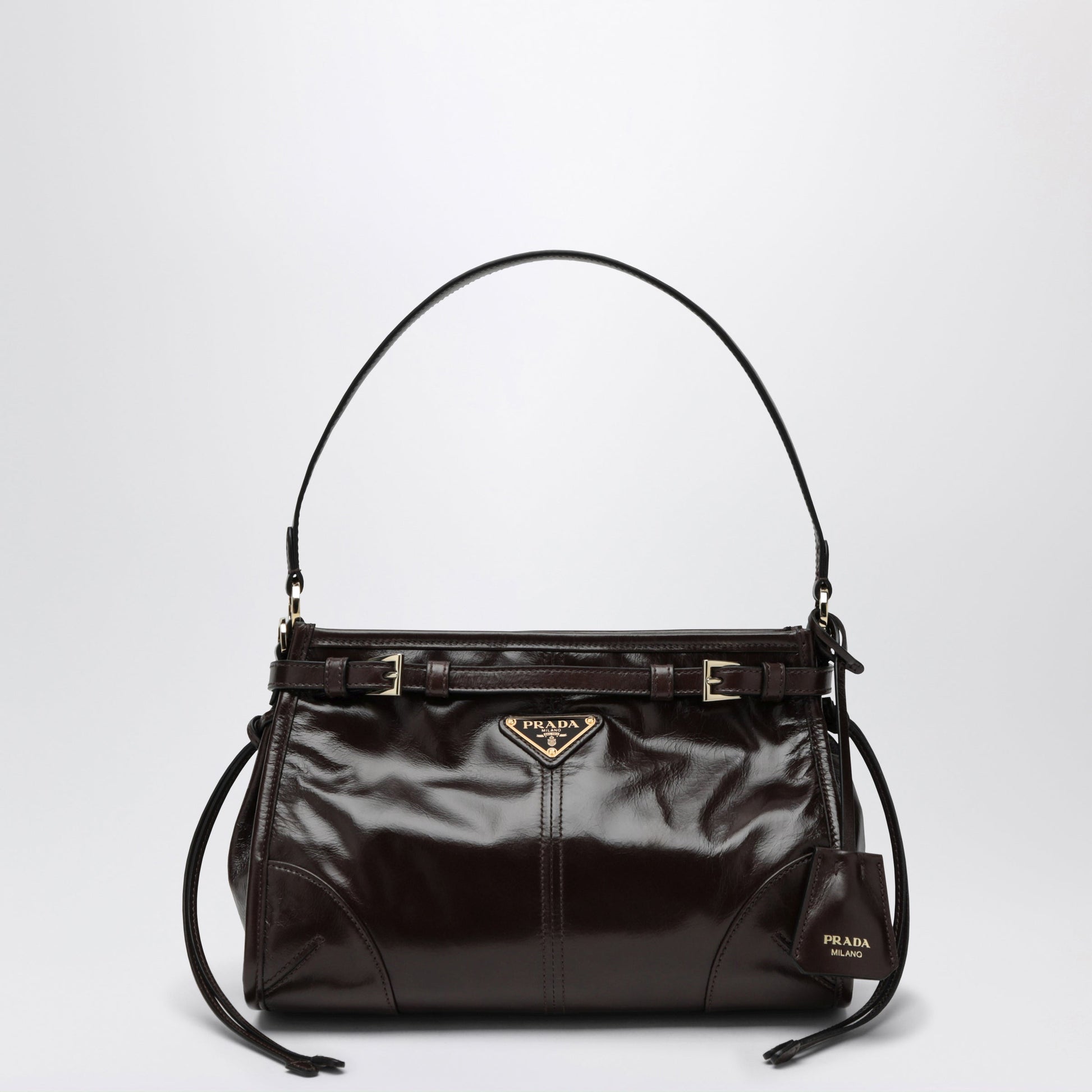 Prada Bonnie Small Hobo Handbag In Calf Leather, Dark Brown Women PRADA