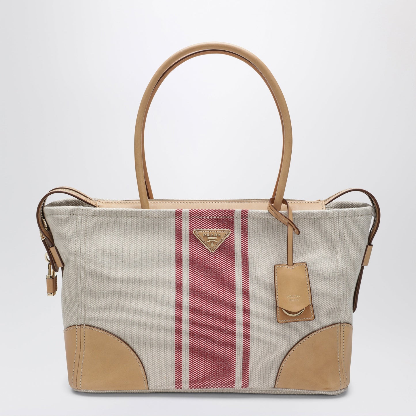 Prada Large Shopping Bag In Canvas And Natural/Red Leather Women PRADA