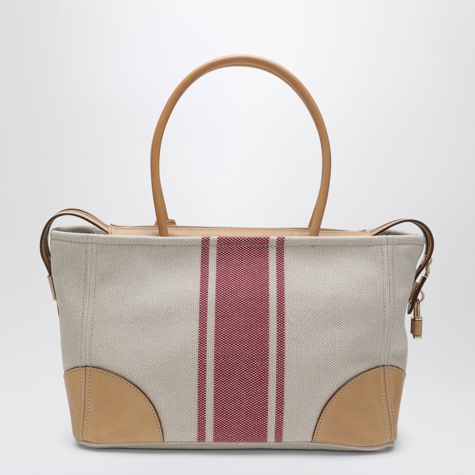 Prada Large Shopping Bag In Canvas And Natural/Red Leather Women PRADA