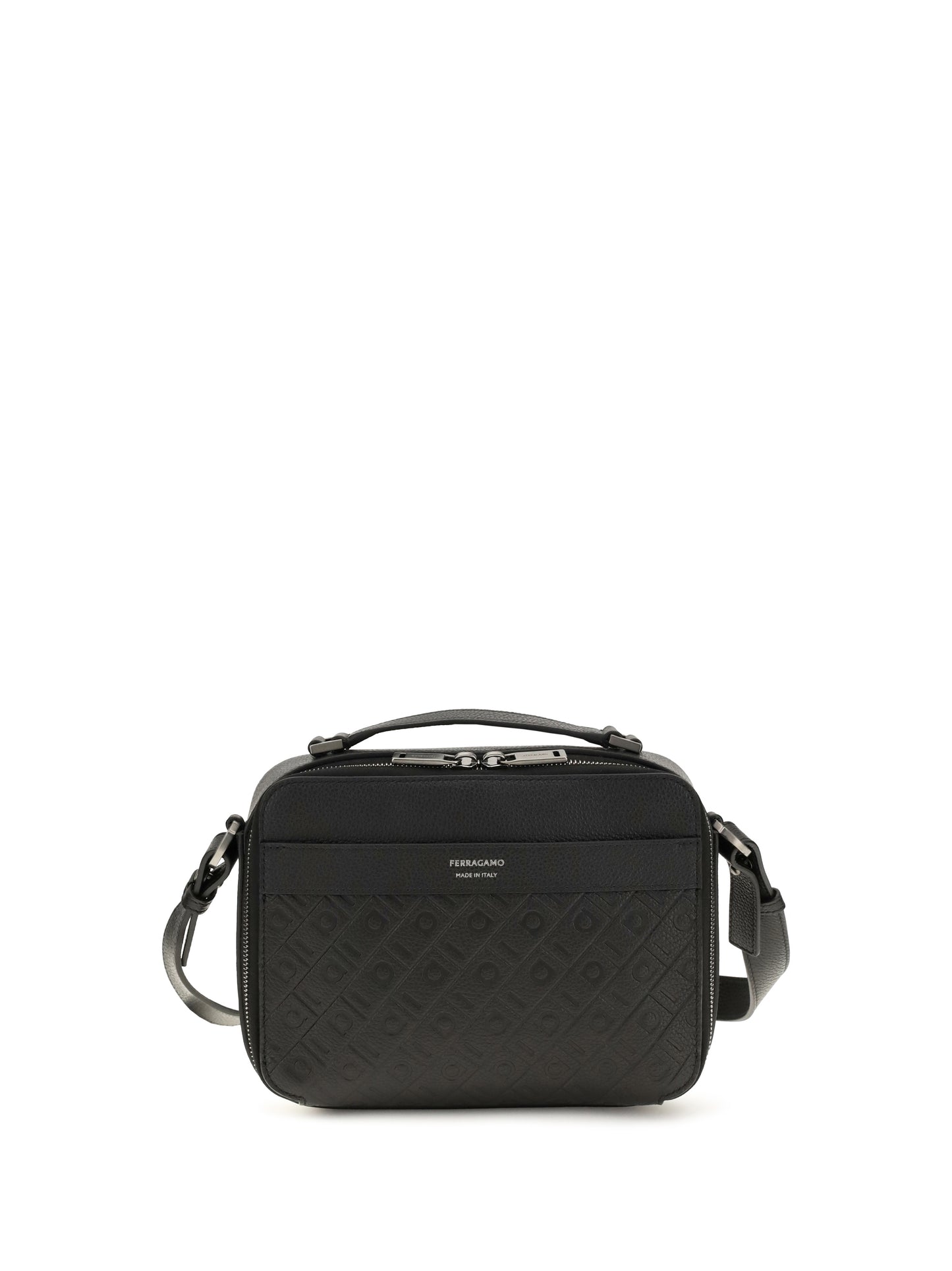 Ferragamo Men Leather Crossbody Bag With Embossed Gancini Pattern FERRAGAMO