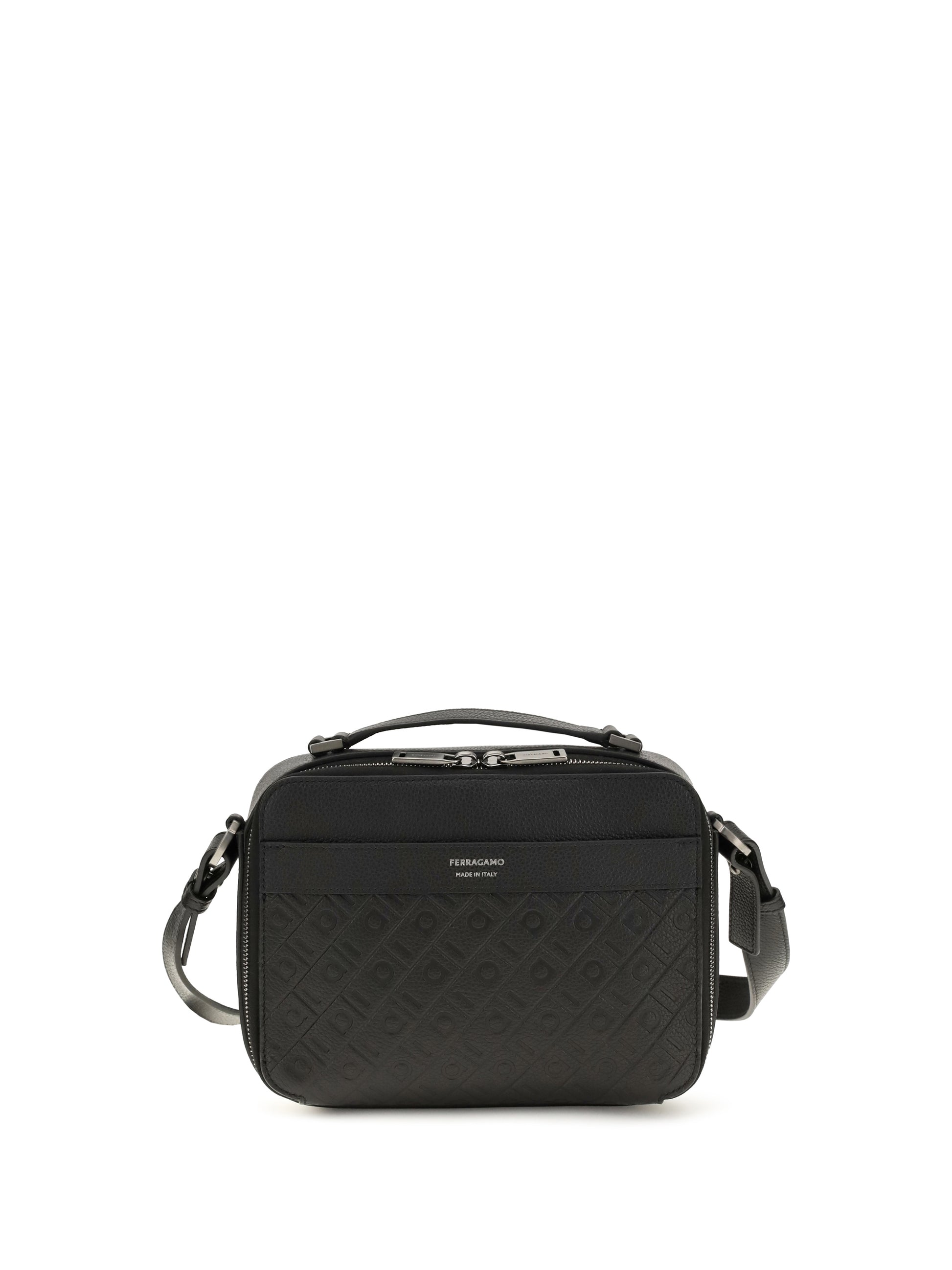 Ferragamo Men Leather Crossbody Bag With Embossed Gancini Pattern FERRAGAMO