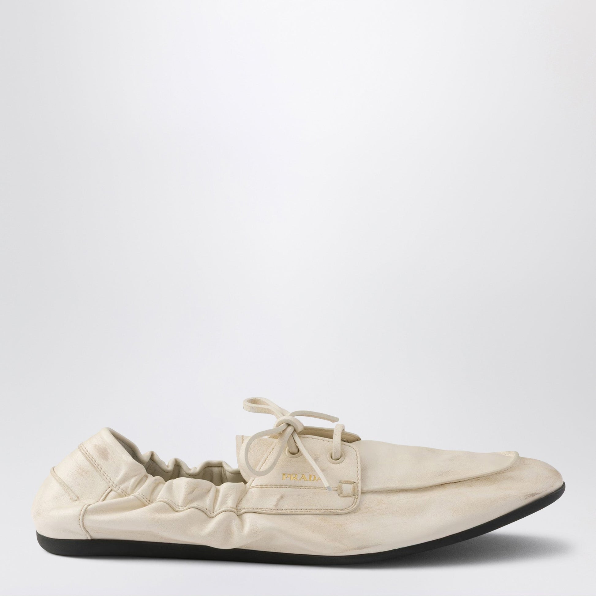 Prada Shuffle Boat Loafers In Antique-Effect Leather, Talc Color Women PRADA