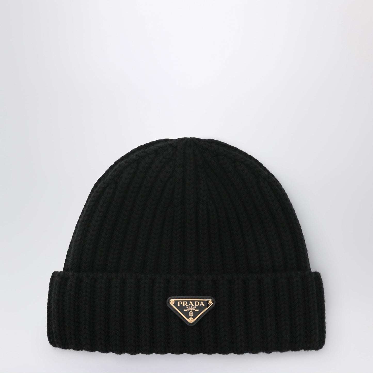 Prada Black Wool Beanie With Logo Triangle Women PRADA