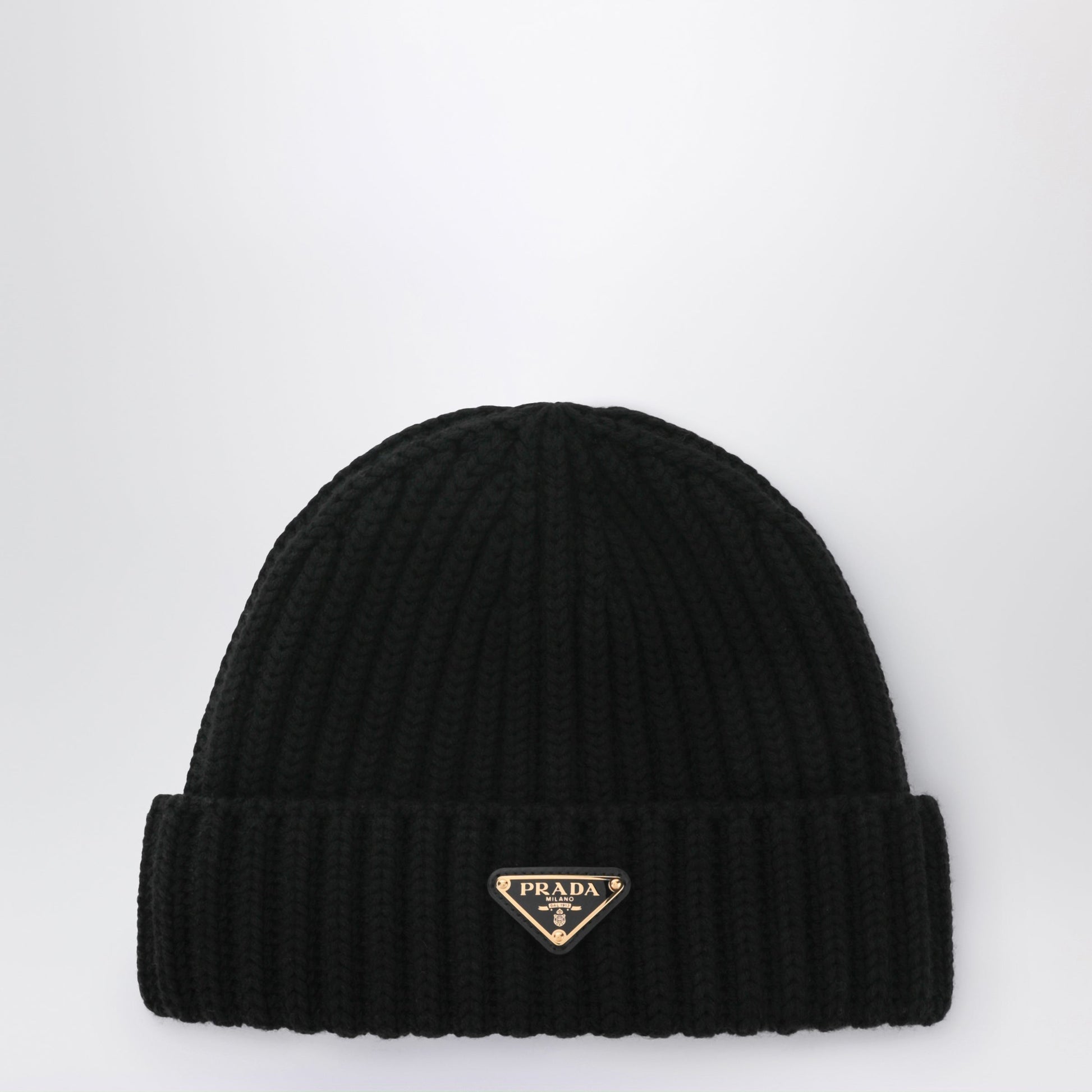Prada Black Wool Beanie With Logo Triangle Women PRADA