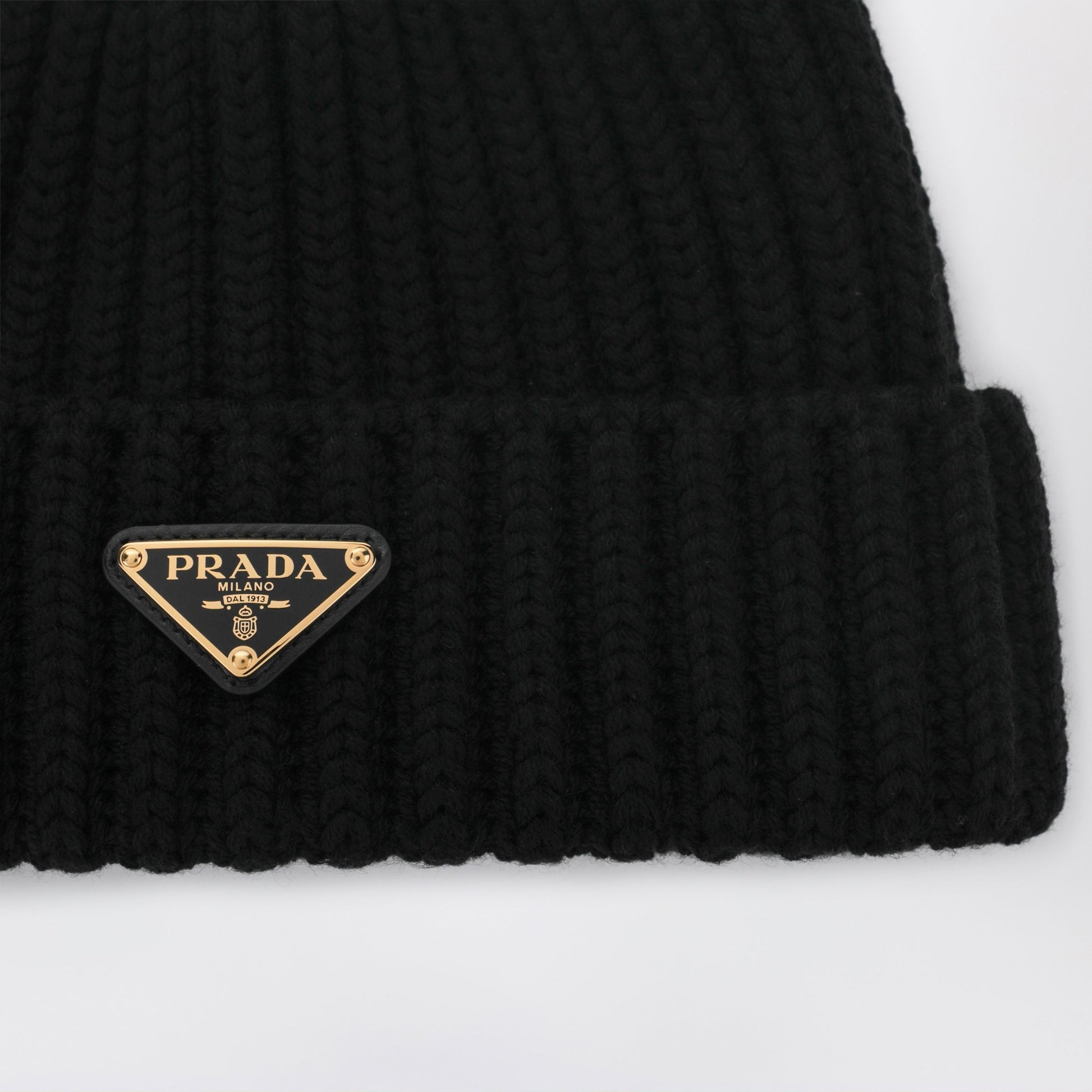 Prada Black Wool Beanie With Logo Triangle Women PRADA