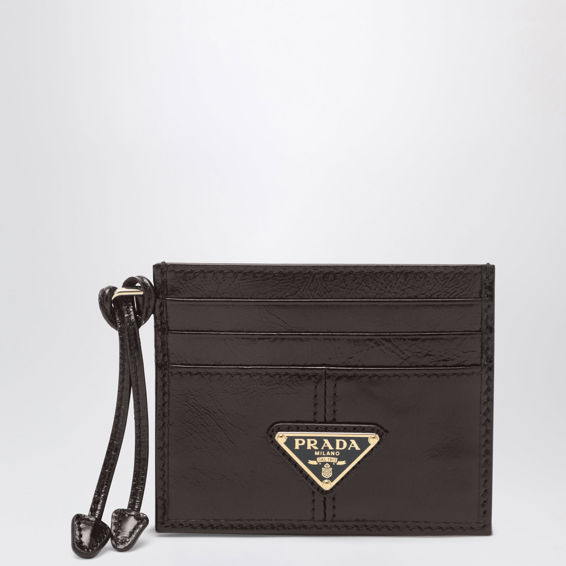 Prada Leather Card Holder In Dark Brown With Triangle Logo Women PRADA
