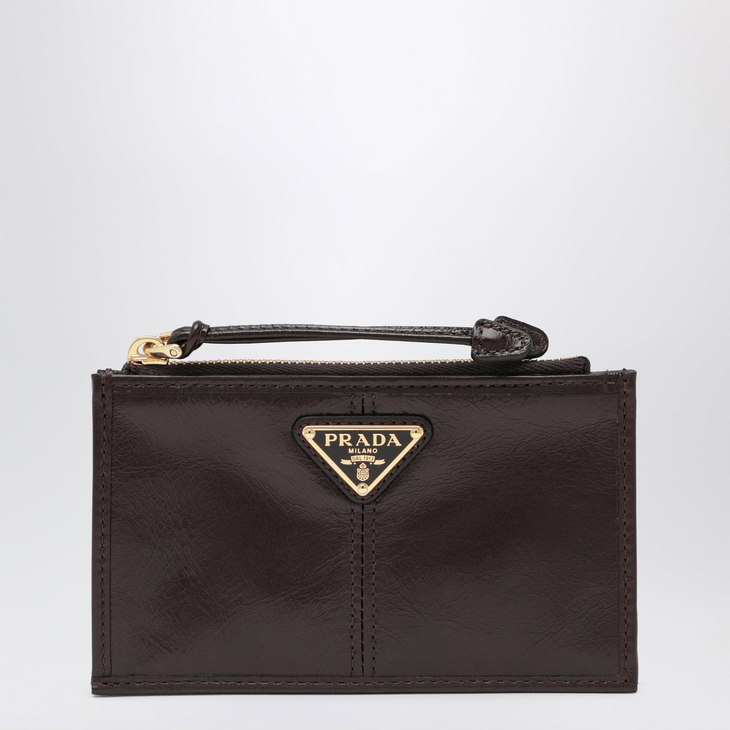 Prada Dark Brown Calf Leather Zip Card Holder Women PRADA