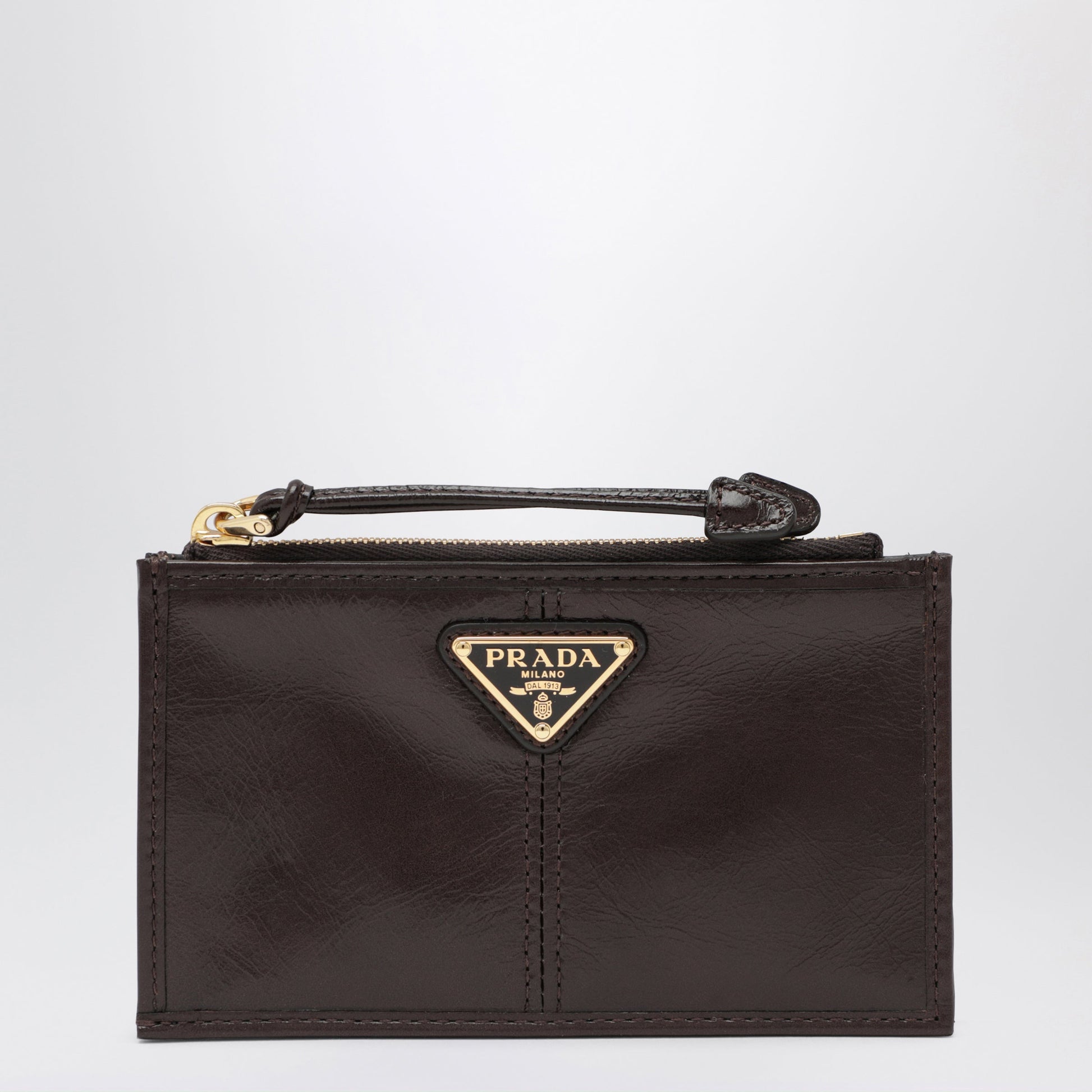Prada Dark Brown Calf Leather Zip Card Holder Women PRADA