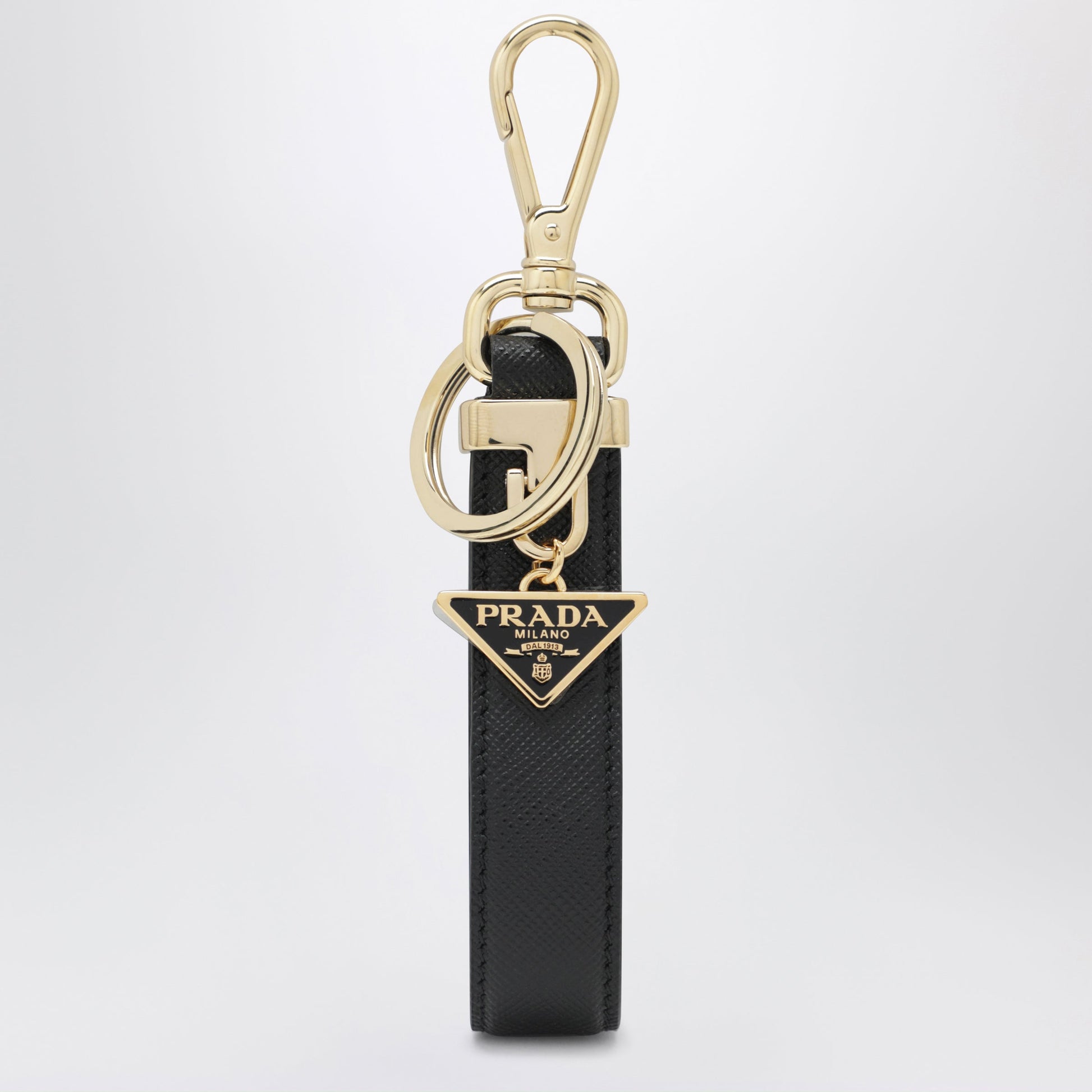 Prada Black Saffiano Leather Keyring With Triangle Logo Women PRADA