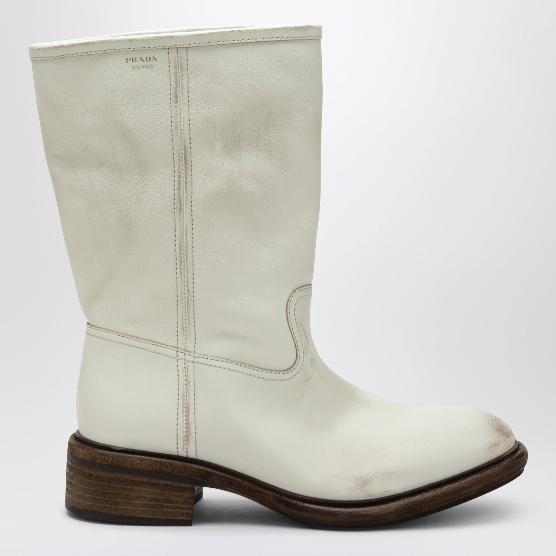 Prada Talc-Colored Boots In Aged-Effect Leather Women PRADA
