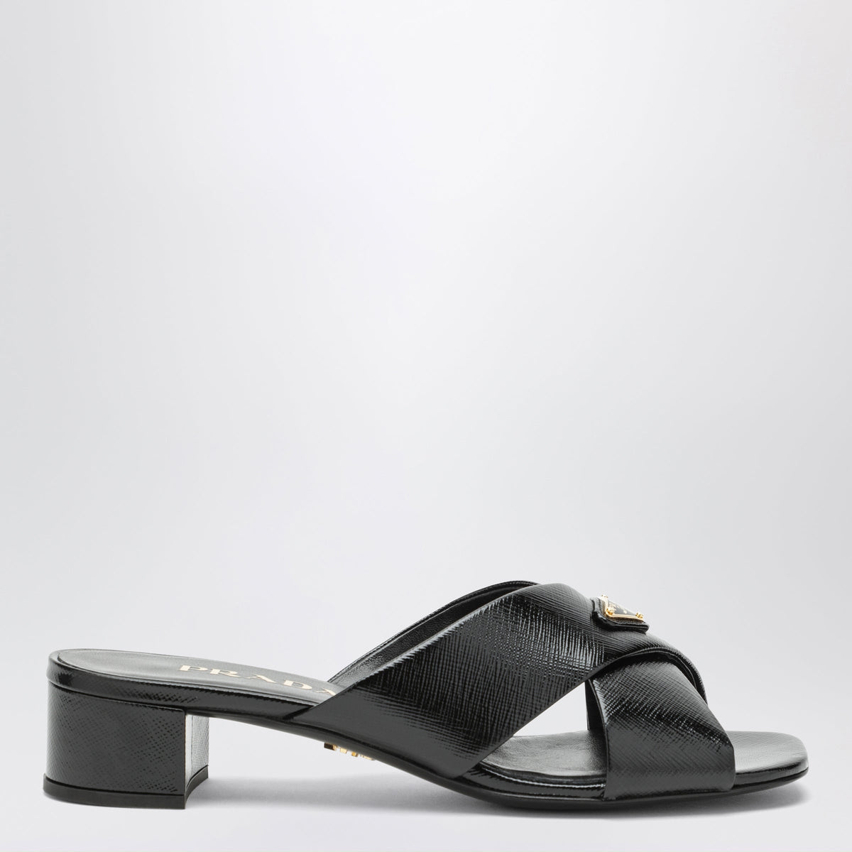 Prada Black Leather Mules With Triangular Logo Women PRADA