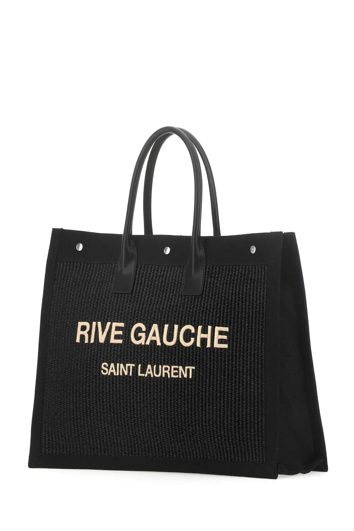 Saint Laurent Men Black Rafia And Canvas Rive Gauche Shopping Bag SAINT LAURENT