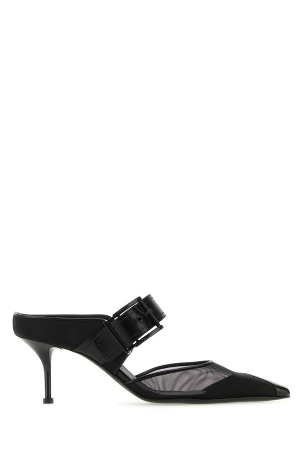 Alexander Mcqueen Woman Black Mesh And Leather Punk Mules