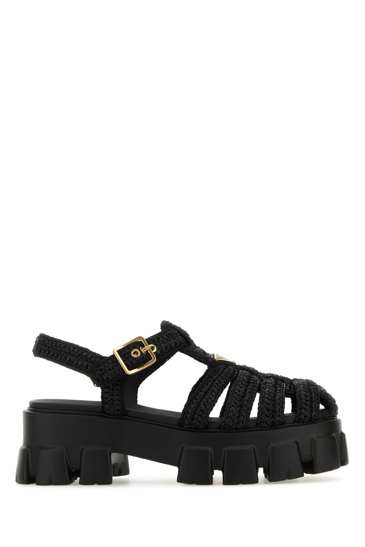 Prada Women Black Raffia Monolith Sandals PRADA