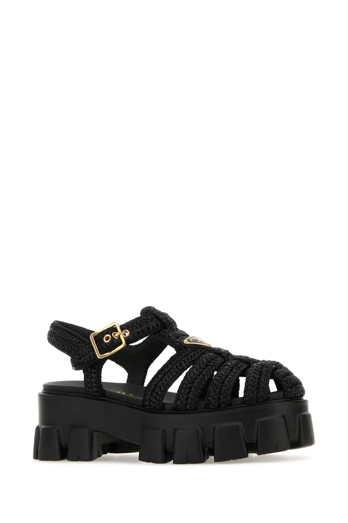 Prada Women Black Raffia Monolith Sandals PRADA