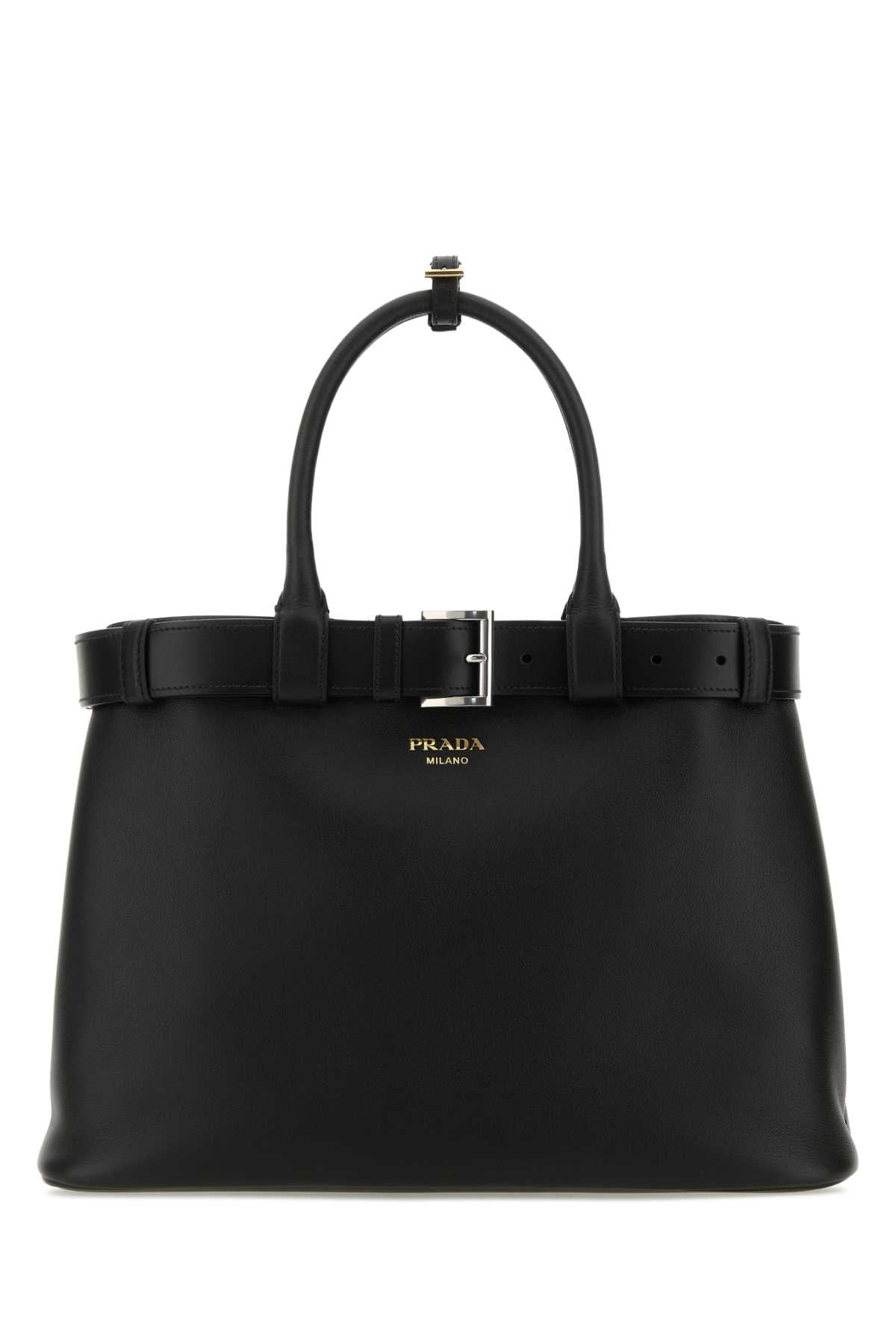 Prada Women Black Leather Prada Buckle Large Handbag PRADA