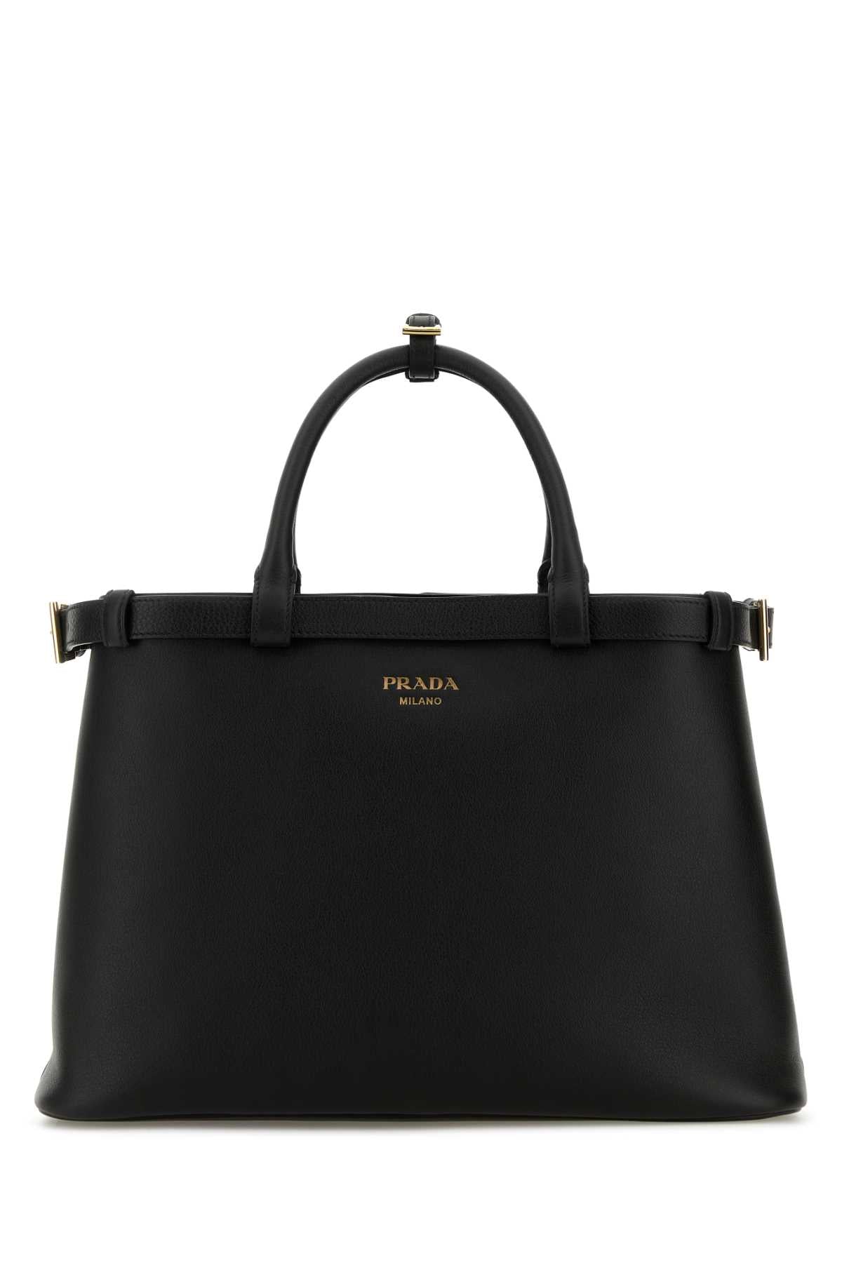 Prada Women Black Leather Medium Prada Buckle Handbag PRADA